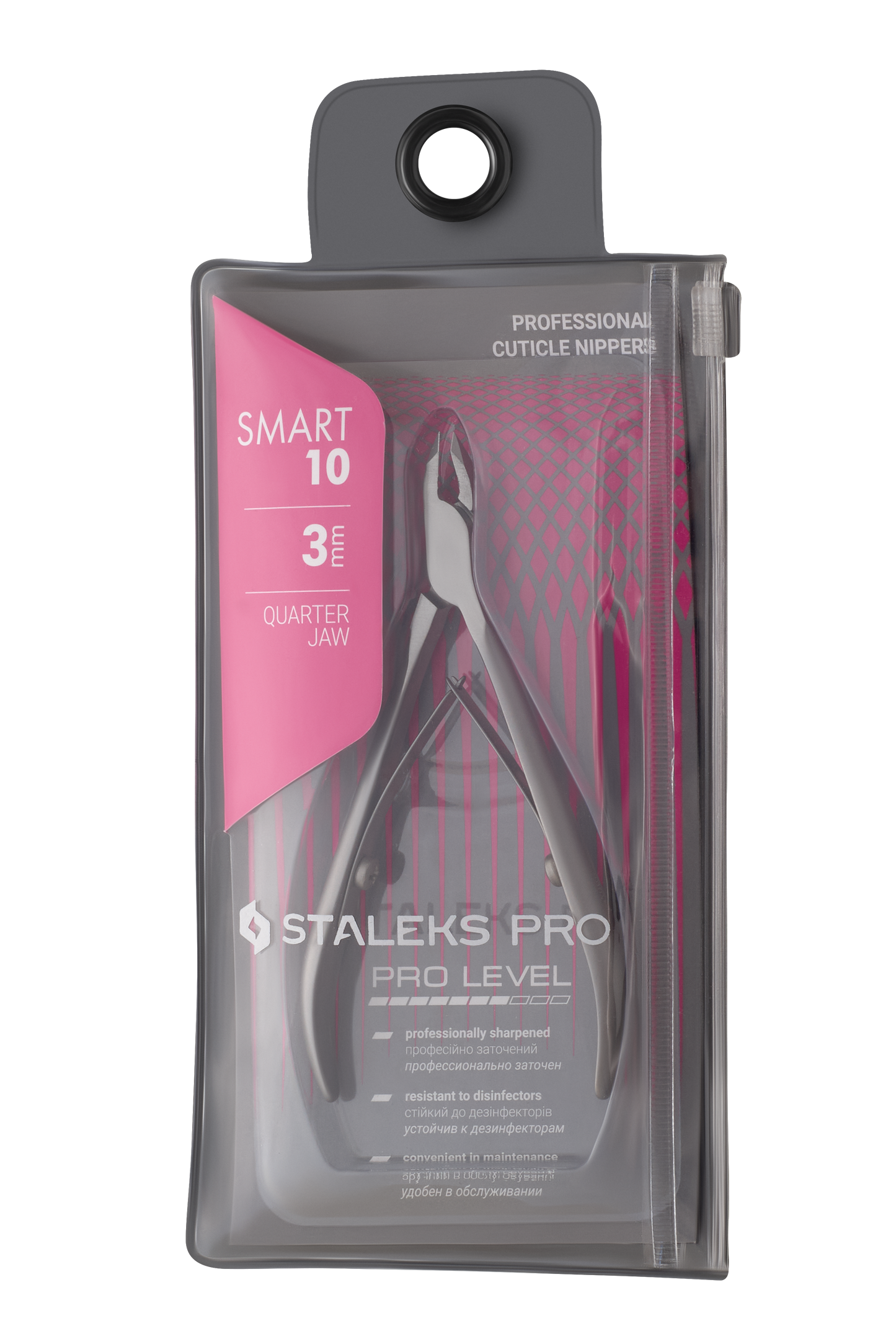A pair of STALEKS PRO Professional cuticle nippers is packaged as "SMART 10, 3mm Jaw," featuring manual sharpening for exceptional sharpness and disinfectant resistance. The transparent package has pink and gray accents, highlighting the Staleks brand's expertise.