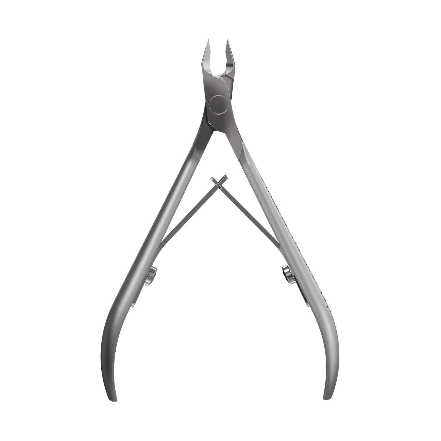 The STALEKS PRO Professional Cuticle Nippers SMART 10 by Staleks feature sharp, pointed blades and curved handles, positioned upright on a black background, demonstrating manual sharpening for precise cuticle trimming.
