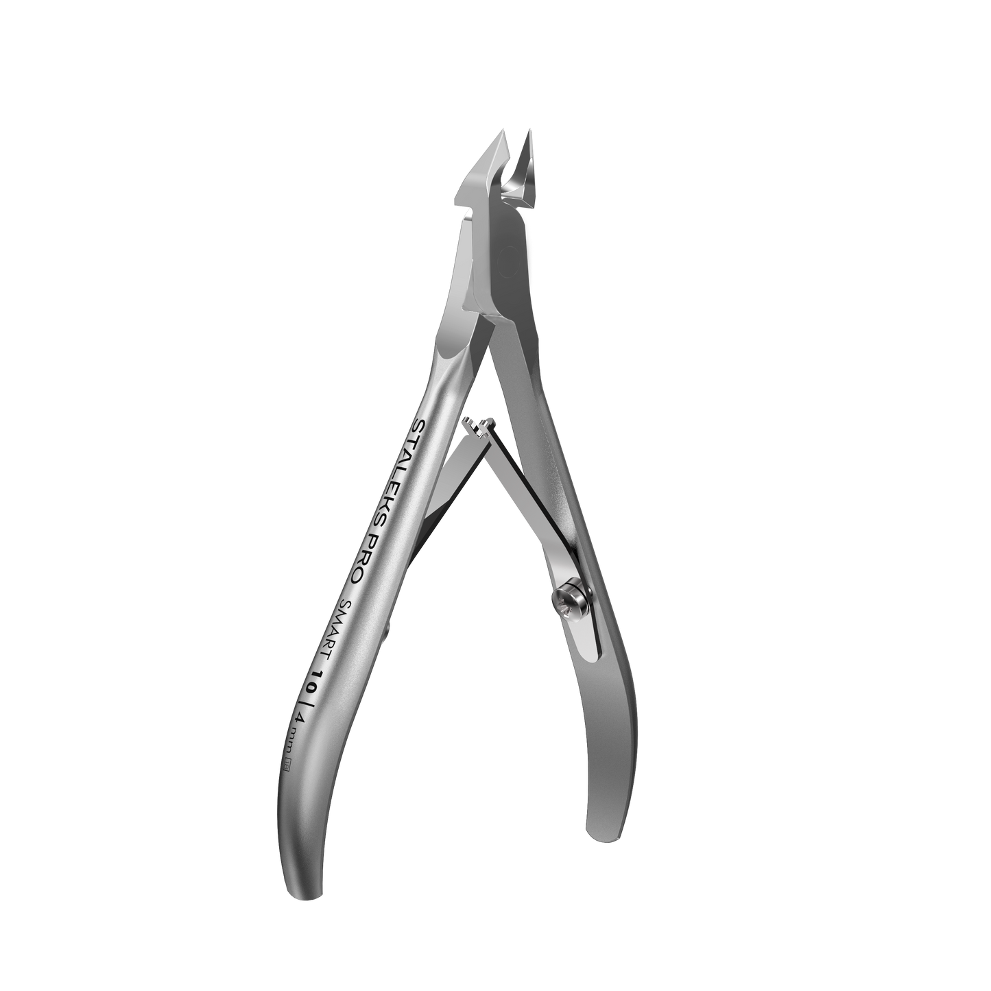 The STALEKS PRO Professional Cuticle Nippers SMART 10 by Staleks feature sharp, curved blades and a double spring handle crafted from high-alloy stainless steel, showcased on a solid black background.