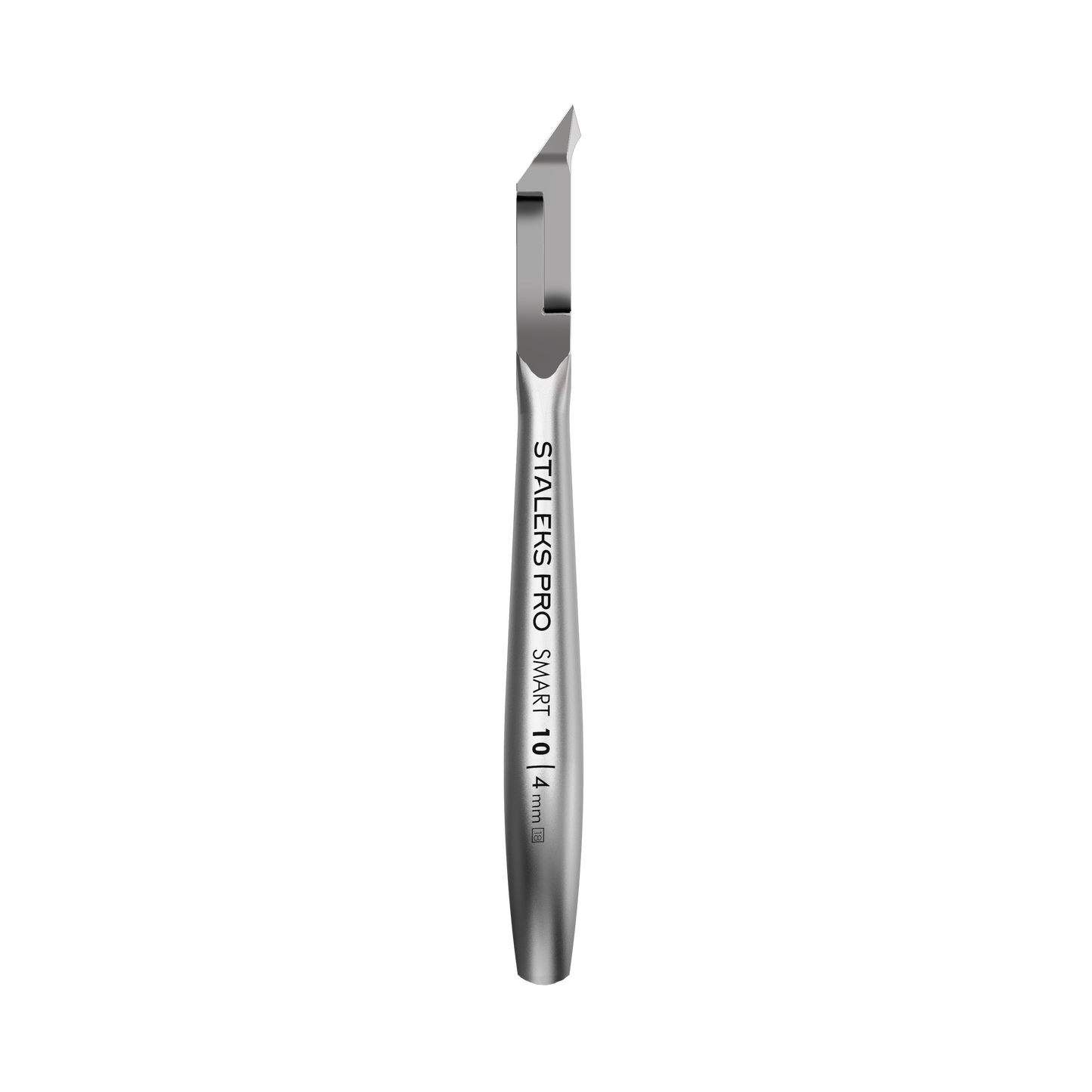 The STALEKS PRO Professional Cuticle Nippers SMART 10 by Staleks feature a sharp, angled blade and engraved "SMART 10/1 4mm" handle. The professional nippers are displayed upright against a black background.