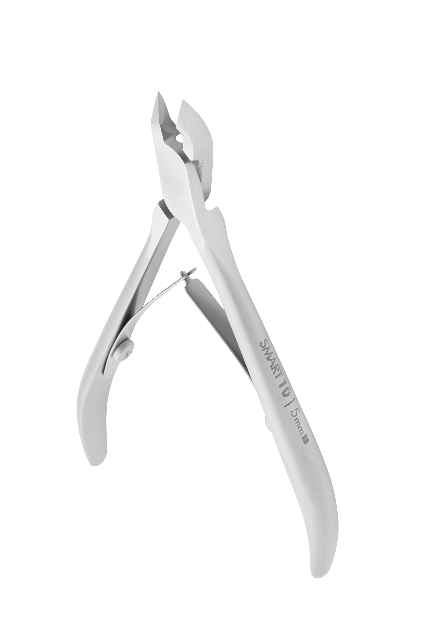A pair of STALEKS PRO Professional cuticle nippers SMART 10 5 mm, featuring stainless steel construction with a spring mechanism and sharp, angled blades designed for precision nail cutting. These professional nippers by Staleks are slightly open against a plain black background.