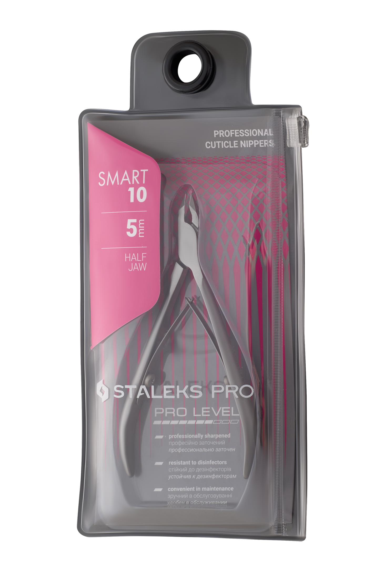 A package of STALEKS PRO Professional cuticle nippers SMART 10 5 mm is displayed. The transparent pouch showcases the stainless steel tool inside, with "Professional Cuticle Nippers," "5 mm," and "Half Jaw" prominently featured on the red and white packaging from Staleks.