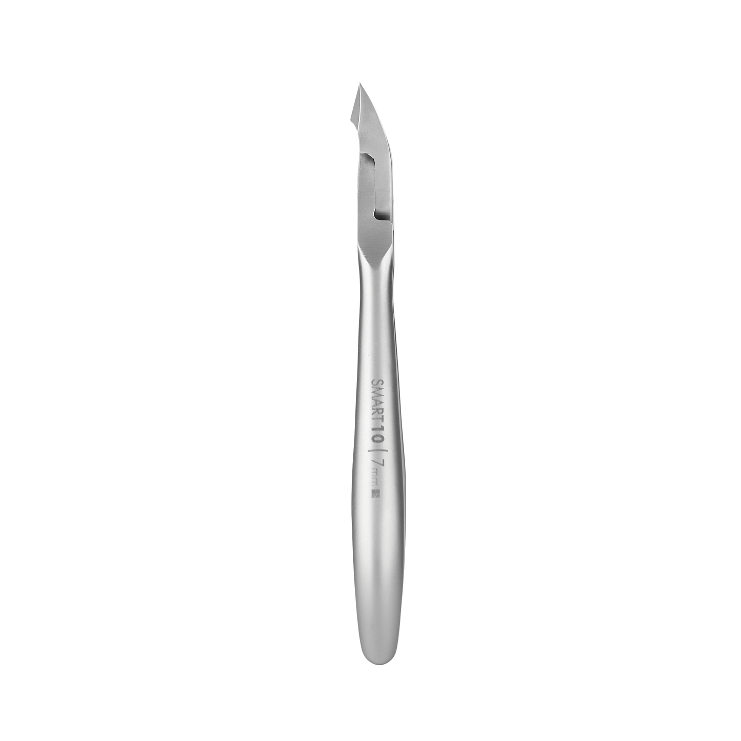 A close-up image of a STALEKS PRO Professional cuticle nippers 7 mm jaw SMART 10, showing details of the handle marked with measurements and the Staleks brand name.
