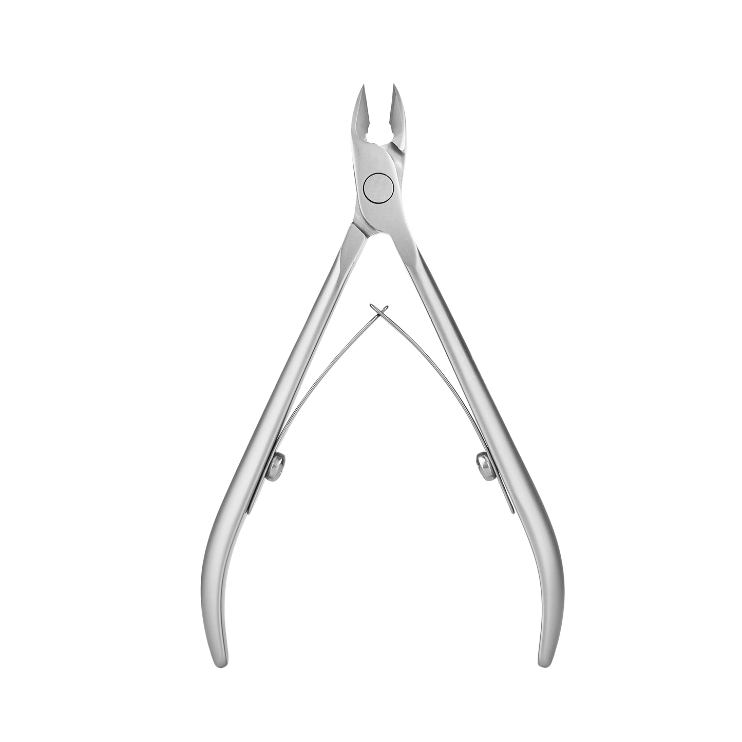 Silver STALEKS PRO Professional cuticle nippers 7 mm jaw SMART 10 with an ergonomic design, crafted from AISI 420 stainless steel, displayed on a patterned white and grey background.