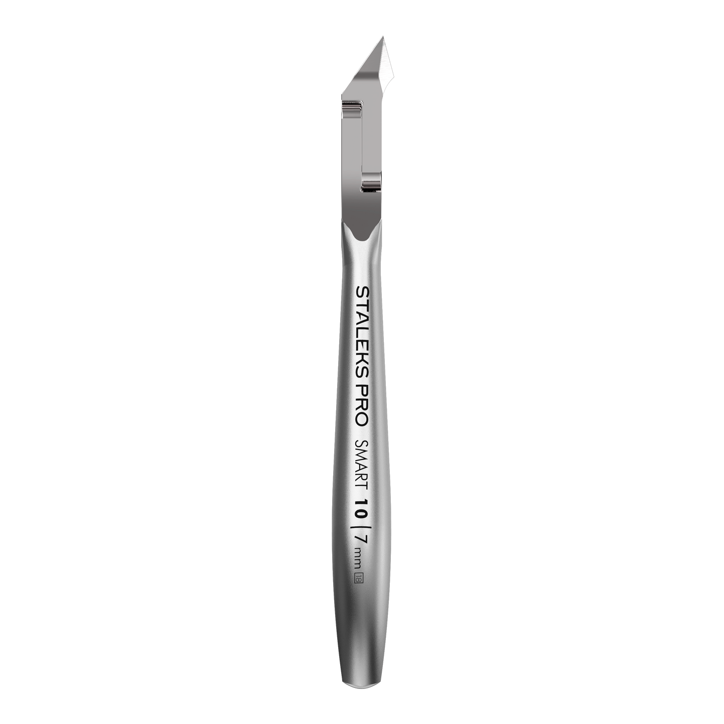 The Staleks STALEKS PRO Professional Cuticle Nippers SMART 10, featuring a sharp angled blade and "STALEKS PRO SMART 10 7 mm" on the handle, are displayed as professional nippers against a black background.