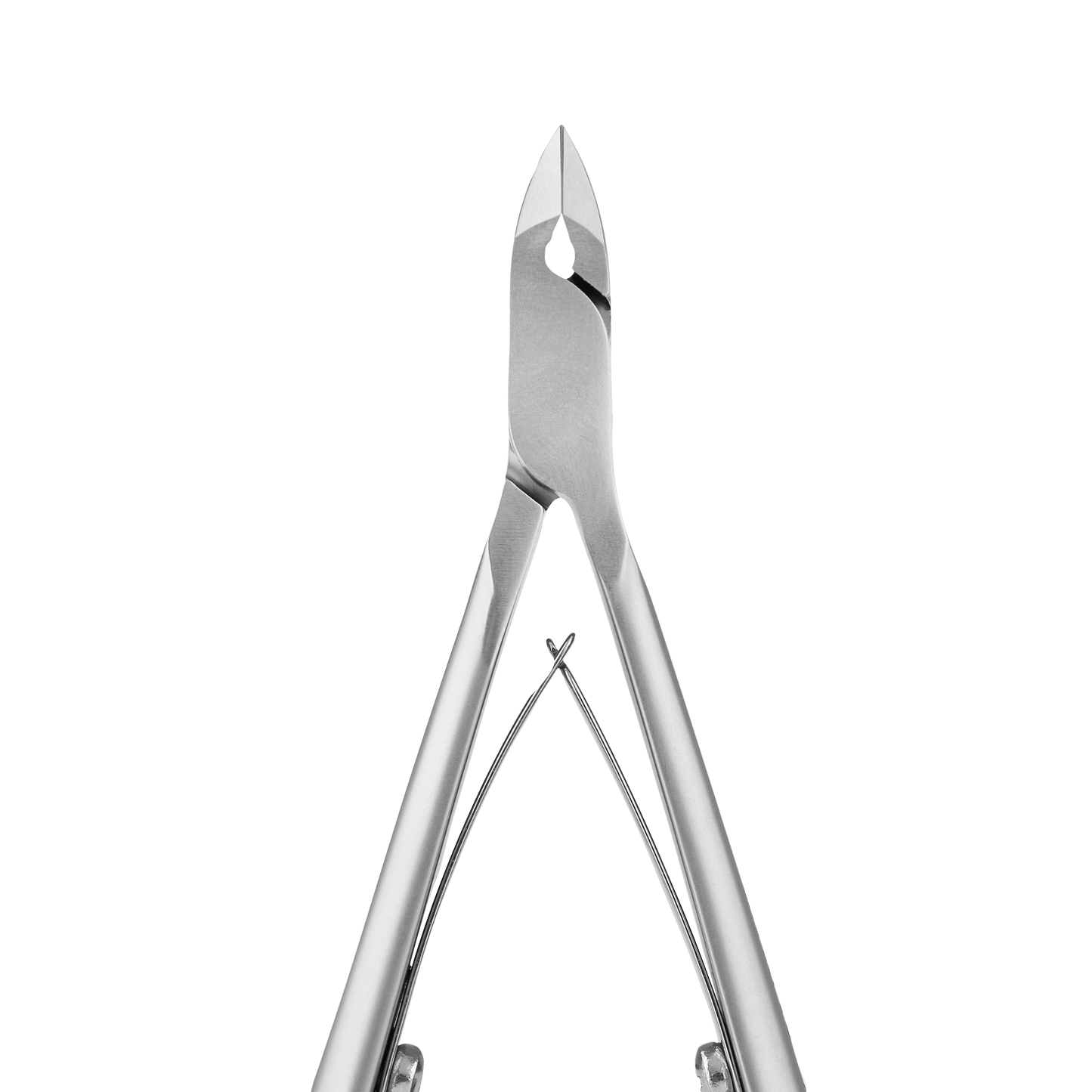 A close-up image of two STALEKS PRO Professional cuticle nippers 7 mm jaw SMART 10 nibs, crafted from AISI 420 stainless steel, touching at their tips, set against a lined grayscale background. The nibs are highly reflective and metallic.