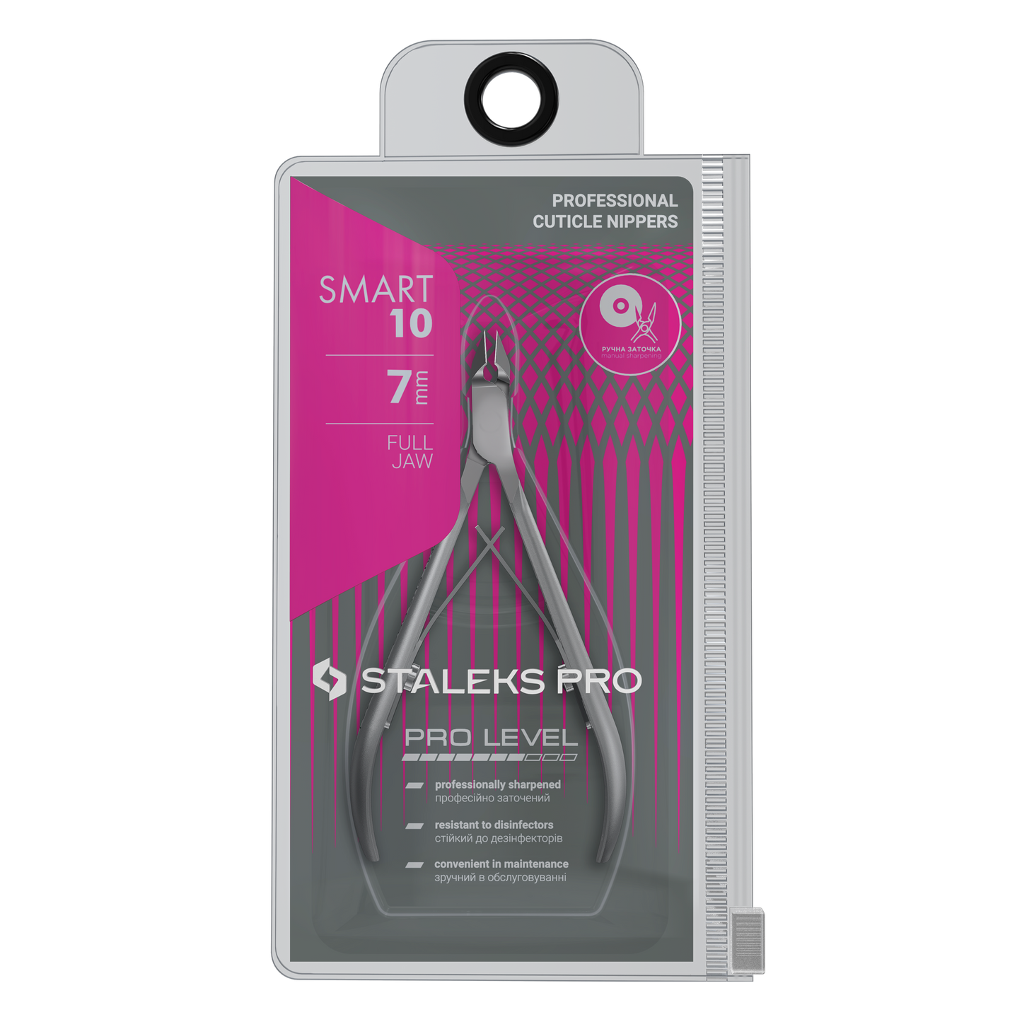 A package of STALEKS PRO Professional Cuticle Nippers SMART 10 by Staleks is displayed in a clear case with gray and pink accents and product details on the front. Crafted from high-alloy stainless steel with a full jaw design.