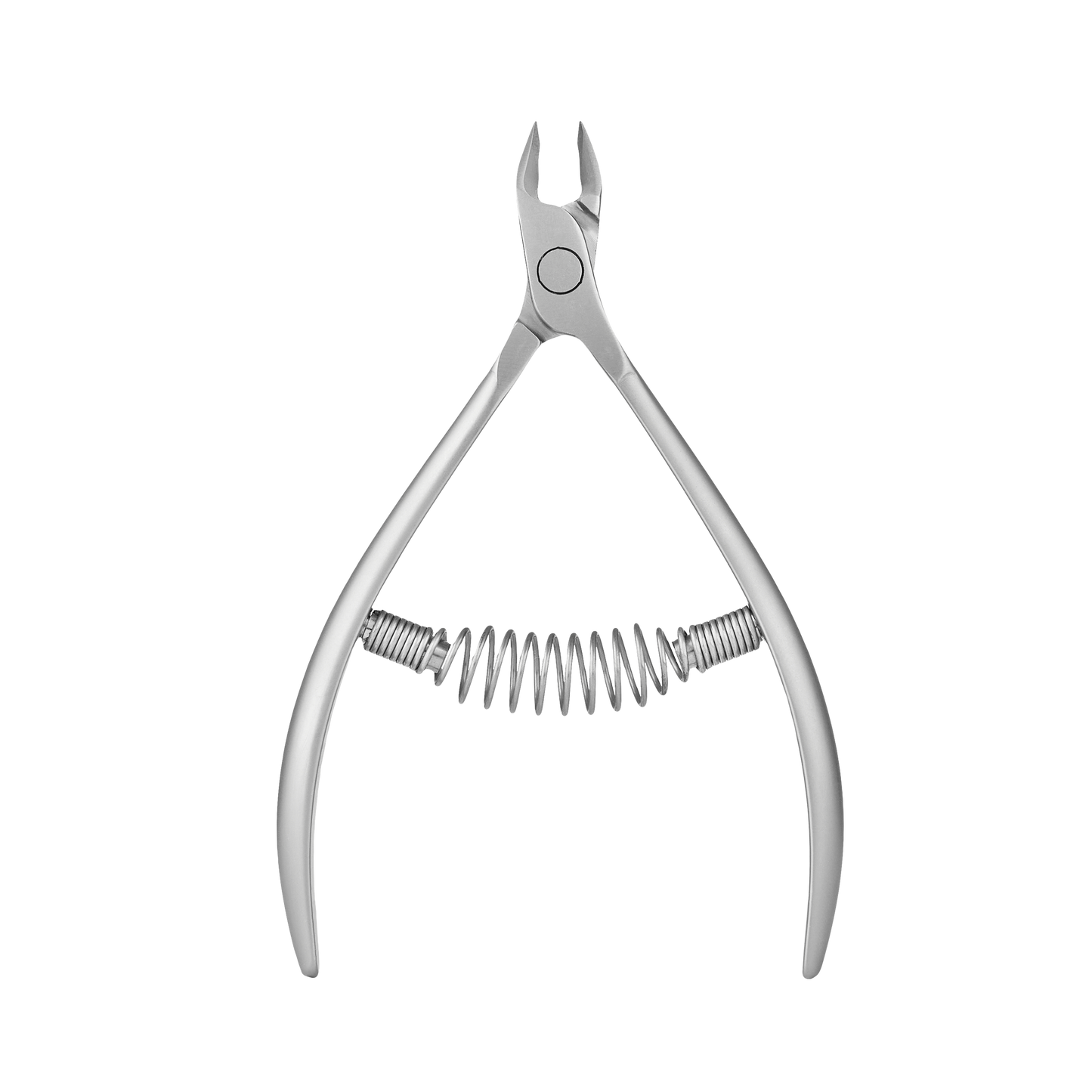 A Staleks cuticle nippers-style keychain displaying several rust-resistant stainless steel rings arranged along the arms of the nippers, set against a grey striped background.