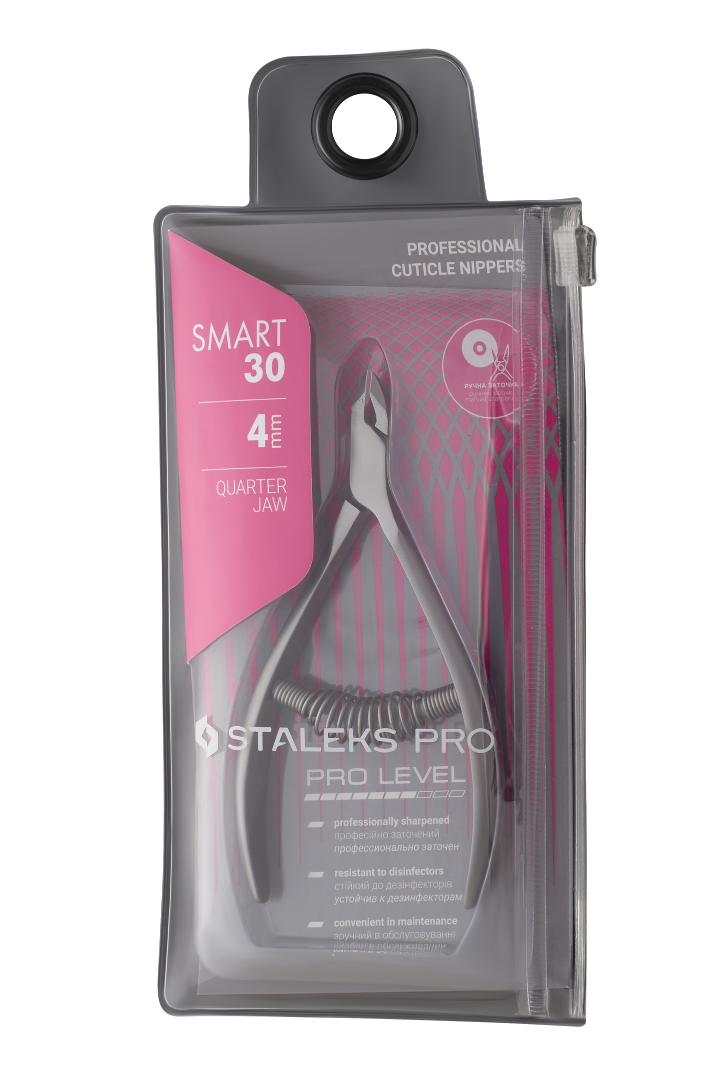 The image features STALEKS PRO Professional Cuticle Nippers, a sleek stainless steel tool with a 4 mm jaw. The gray packaging with pink accents has a hanging tab and zip closure, highlighting the precision of Staleks' manually sharpened nippers.