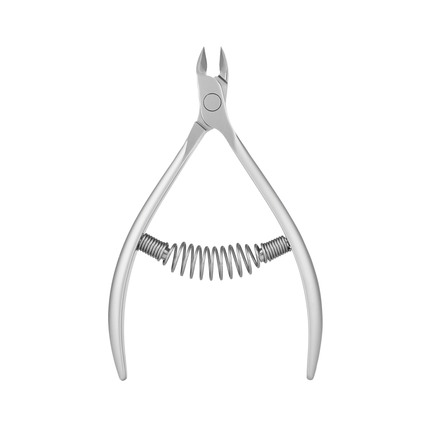 A Staleks Professional cuticle nipper 5 mm jaw SMART 30 isolated on a white background with a geometric pattern, featuring a coiled spring mechanism between the lever arms.