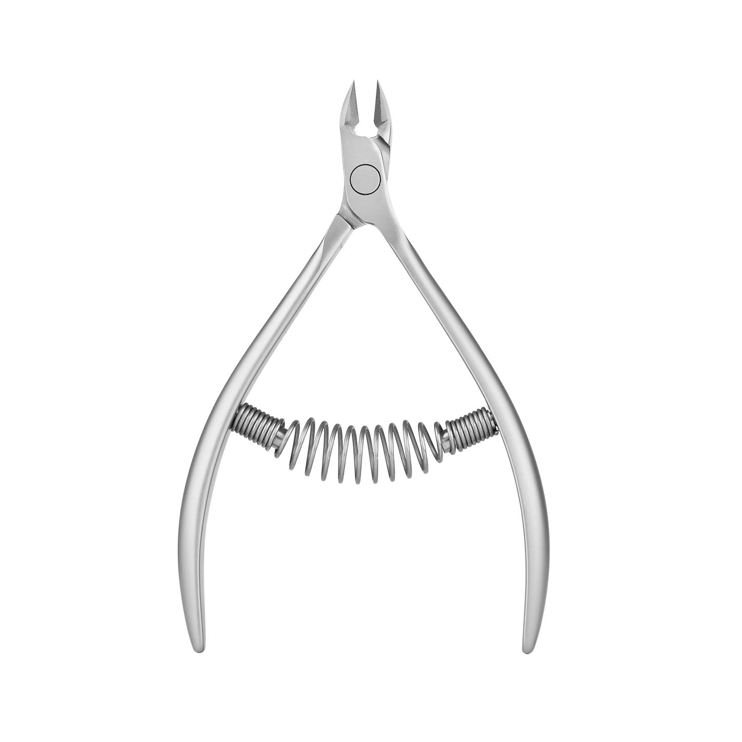 A Staleks Professional cuticle nippers 7 mm jaw SMART 30 in an open position with a curved cutting edge and a central spiral spring, isolated on a white background.