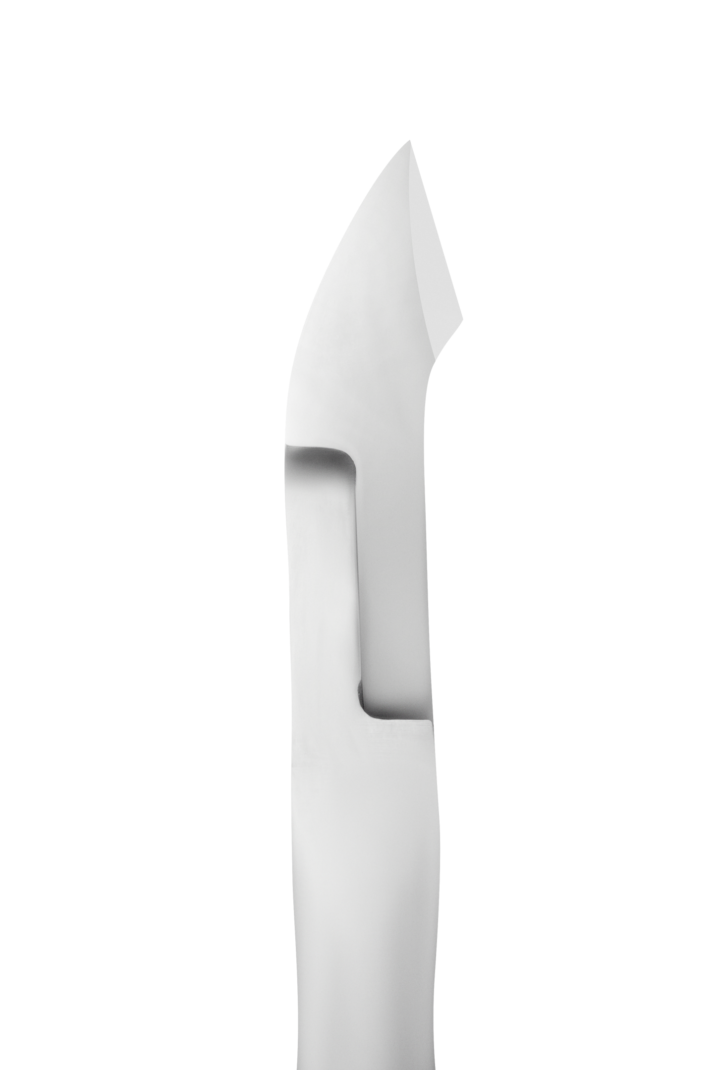 Abstract black and white photograph featuring a stark contrast with a smooth, curved silhouette of Staleks STALEKS PRO Professional cuticle nippers 7 mm jaw SMART 30 resembling a human form, set against a dark background.