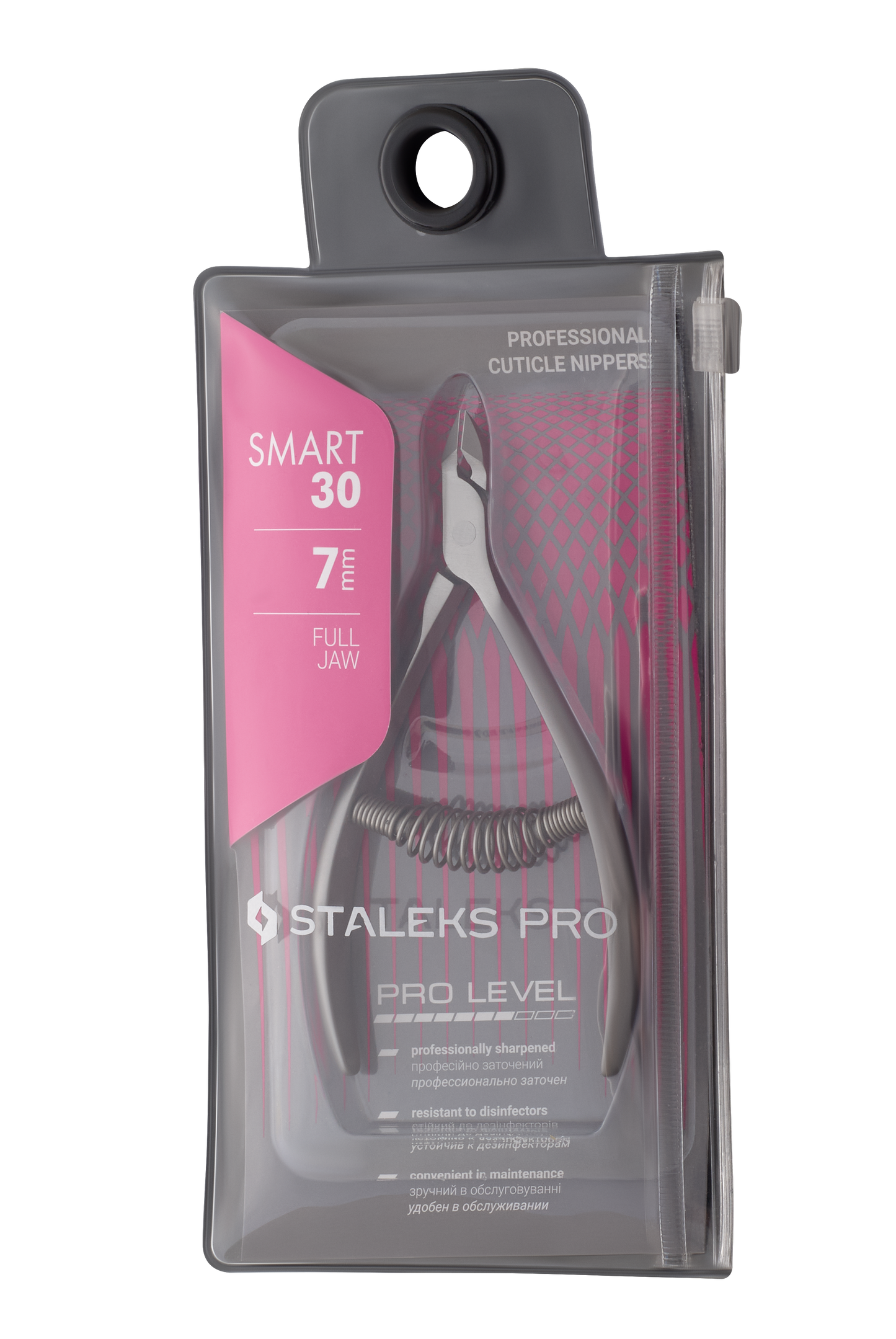 A Staleks professional cuticle nipper, model SMART 30, 7 mm jaw constructed with AISI 420 stainless steel and a full jaw, displayed in clear plastic and gray packaging emphasizing its precision.