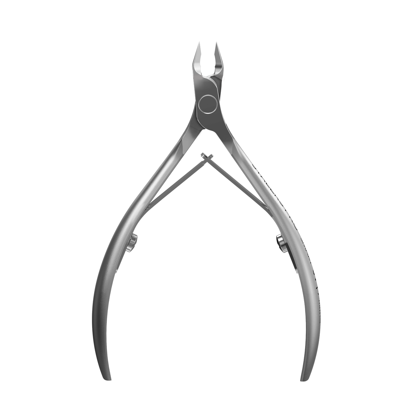 The STALEKS PRO Professional Cuticle Nippers SMART 31 4 mm by Staleks feature curved handles, sharp pointed blades, and a spring mechanism. Crafted from high-alloy stainless steel, they provide precise nail care for professionals. Displayed open on a black background.