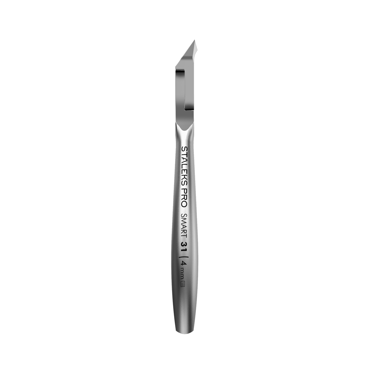 The Staleks STALEKS PRO Professional Cuticle Nippers SMART 31 4 mm, crafted from high-alloy stainless steel, are shown vertically with a sleek design on a black background.