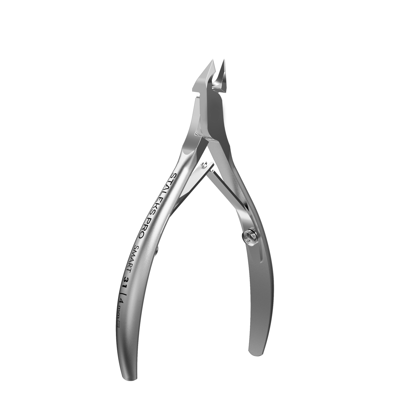 The STALEKS PRO Professional Cuticle Nippers SMART 31 4 mm by Staleks features sharp, angled blades and curved handles, expertly crafted and manually sharpened, displayed against a black background.