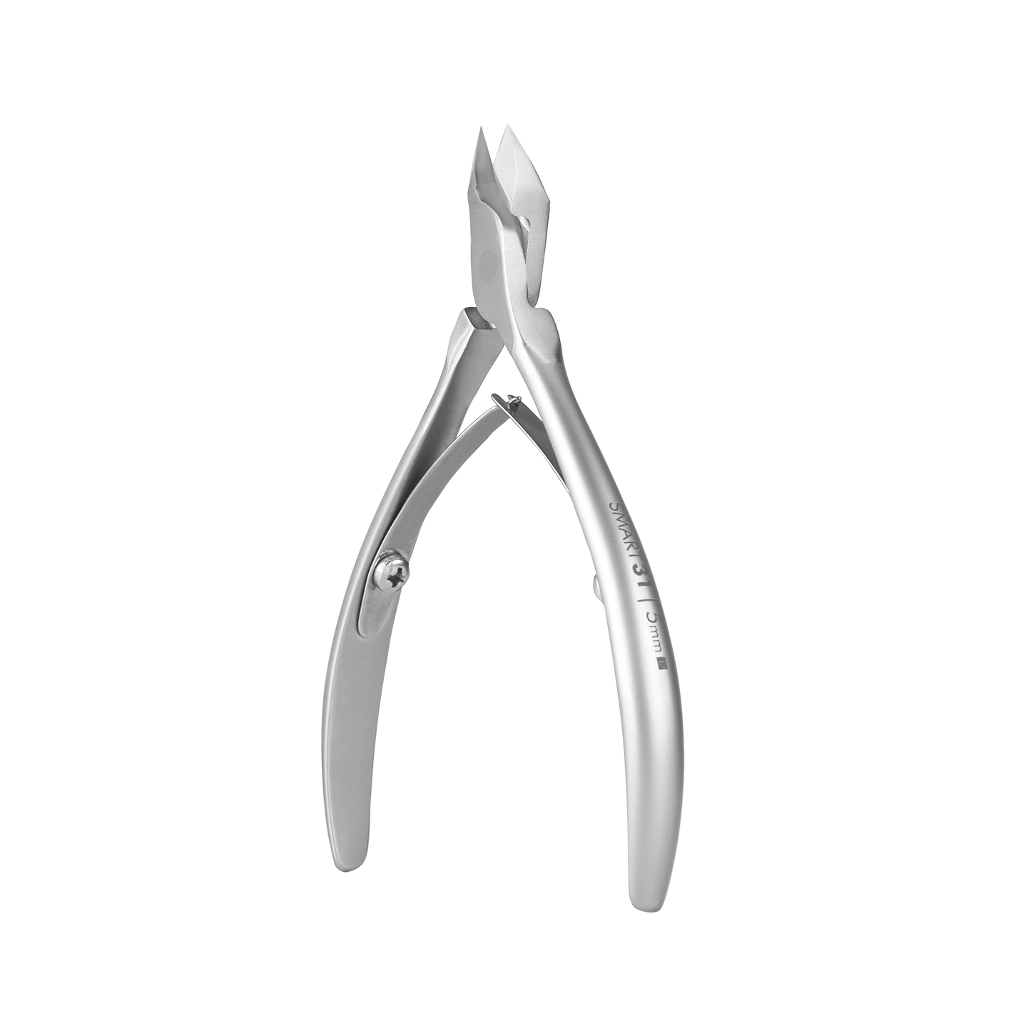 Close-up of the STALEKS PRO Professional Cuticle Nippers 5 mm jaw SMART 31 by Staleks, featuring sharp, angular blades and rounded handles. Set against a black background, its shiny metallic surface and precise design are highlighted.