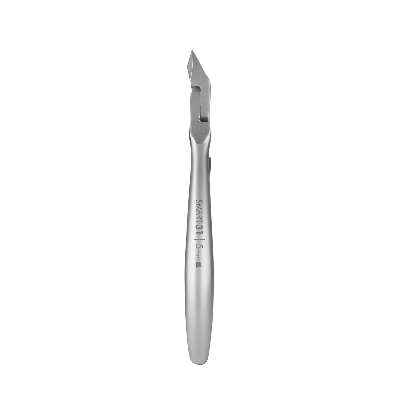 A pair of STALEKS PRO Professional Cuticle Nippers, featuring a 5 mm jaw and crafted by Staleks, is showcased against a black background. The stainless steel blade is slightly angled, and the handle boasts engravings, resembling a precise manicure tool.