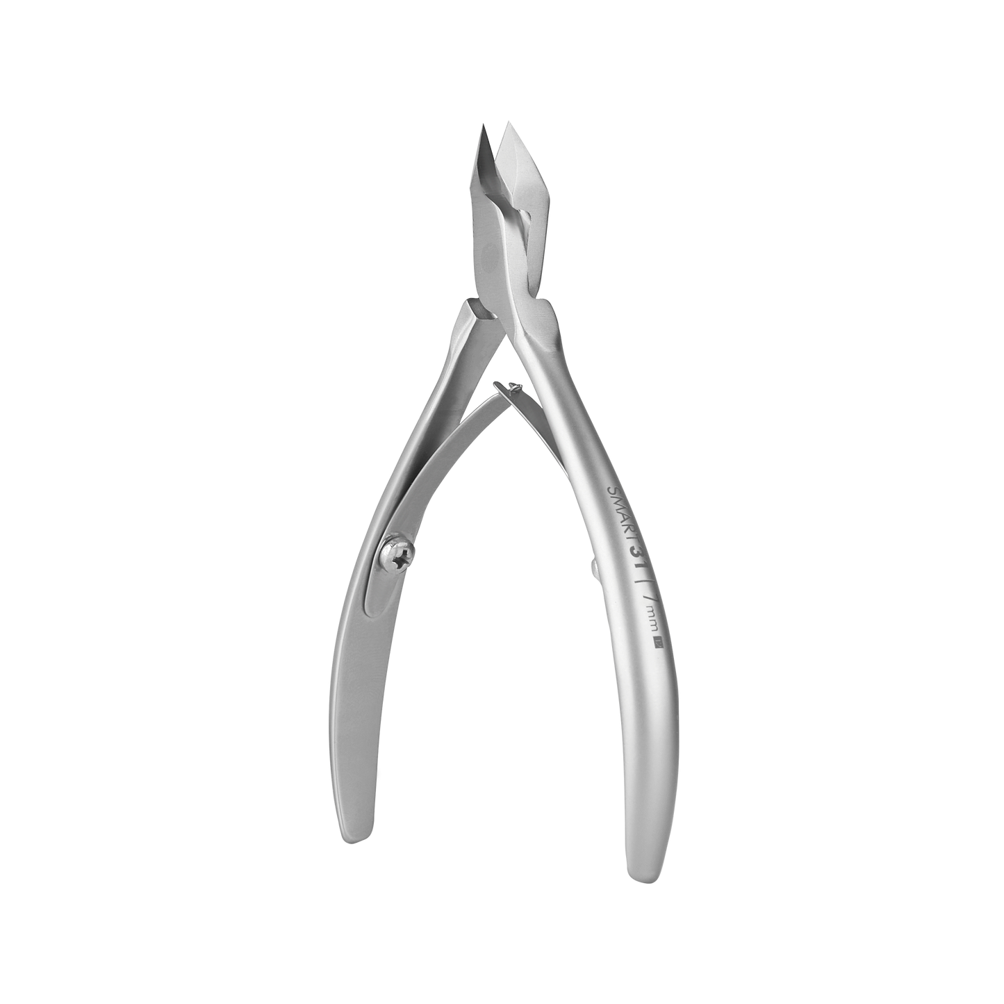 The STALEKS PRO Professional Cuticle Nippers by Staleks feature sharp, angled 7 mm jaws for precise trimming. Designed with a smooth metallic handle and spring mechanism for easy use, they stand out against the simple black background.