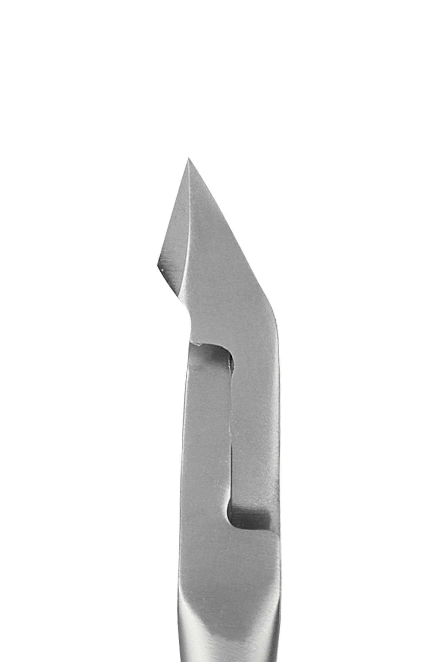 A close-up of the STALEKS PRO Professional Cuticle Nippers 7 mm jaw SMART 31 against a black background showcases its sharp, angled edge and metallic sheen, with precision reminiscent of meticulously sharpened stainless steel scalpels.