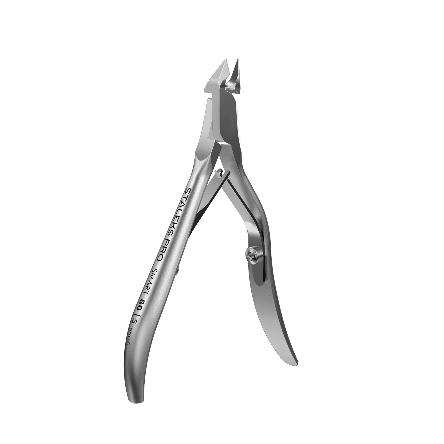 The STALEKS PRO Professional Cuticle Nippers SMART 80 by Staleks, crafted from high-alloy stainless steel with sharp angled blades and curved handles, are shown against a black background.