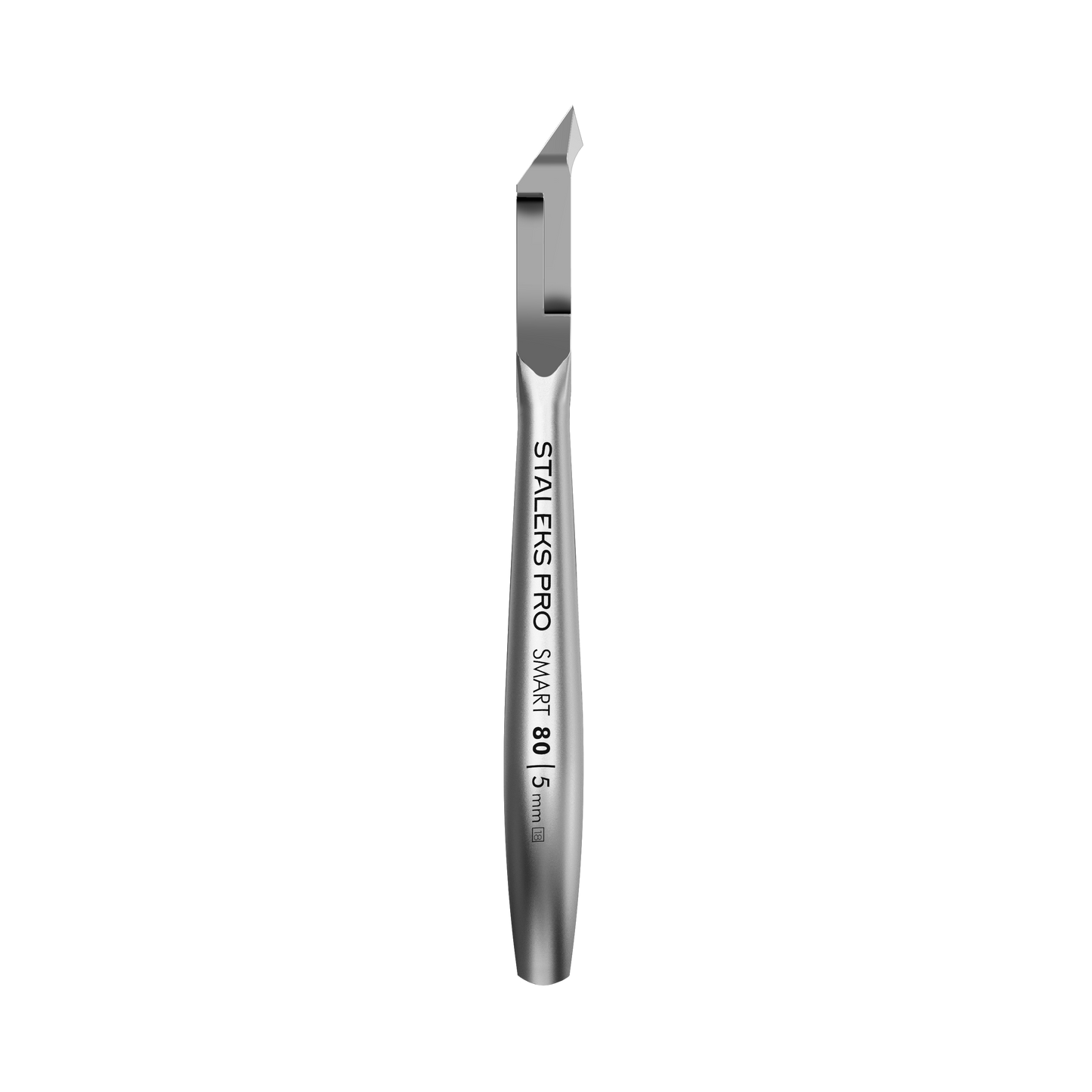 The STALEKS PRO Professional Cuticle Nippers SMART 80 by Staleks, made from high-alloy stainless steel, feature a 5 mm slanted blade and manual sharpening, shown vertically against a black background.