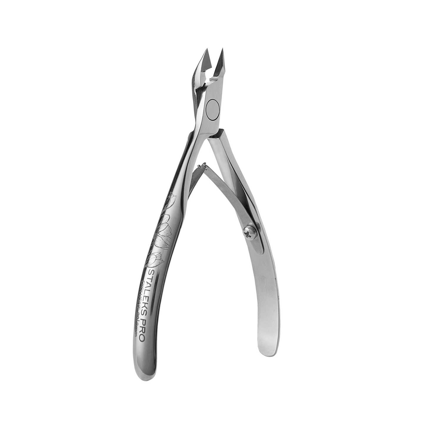 A pair of Staleks Professional cuticle nippers with ergonomic handles and a curved clipping edge, isolated on a white background.