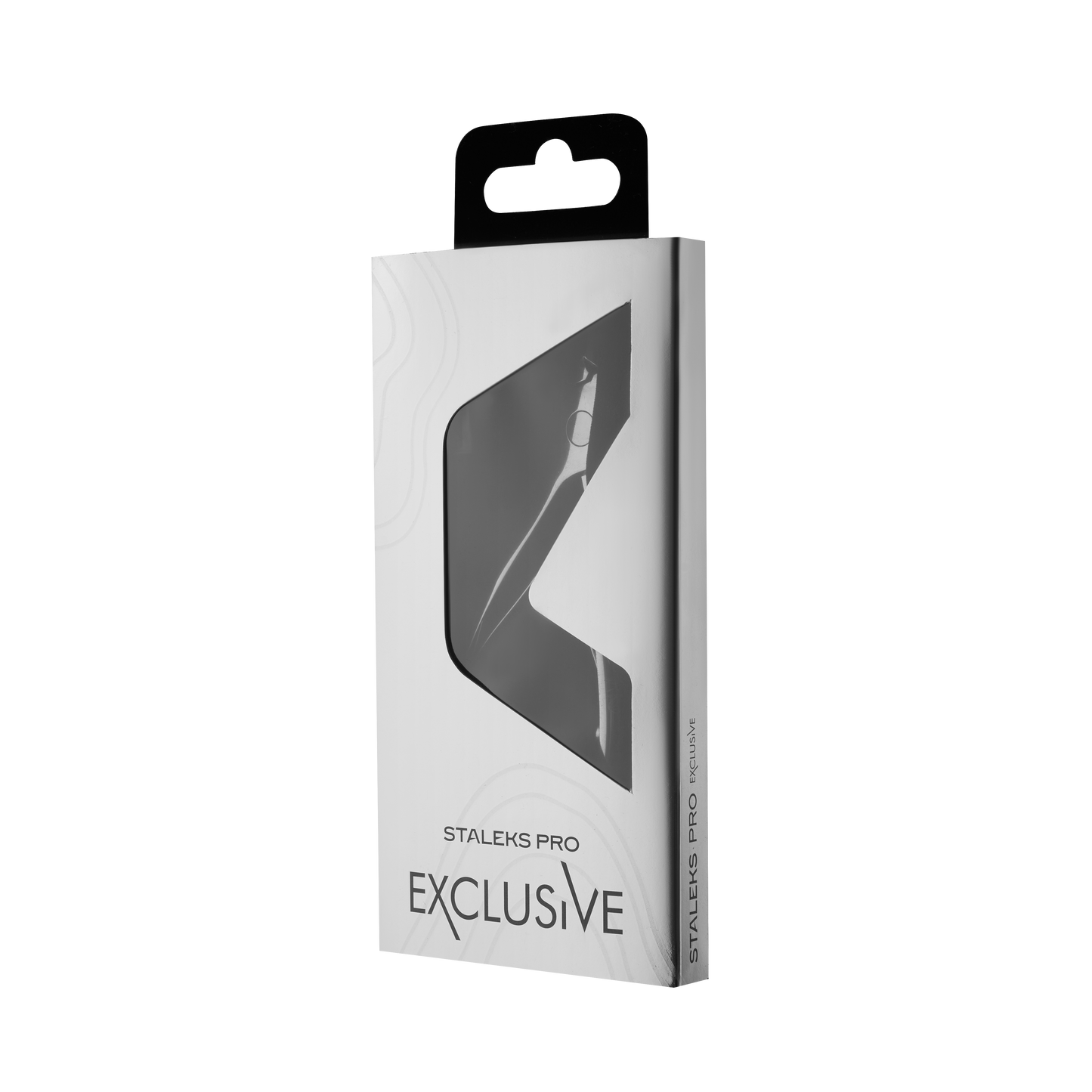 A monochrome product packaging of Staleks STALEKS PRO Professional cuticle nippers 5 mm jaw (magnolia) EXCLUSIVE 20, displayed in a vertically oriented box with a clear window showcasing the product inside.