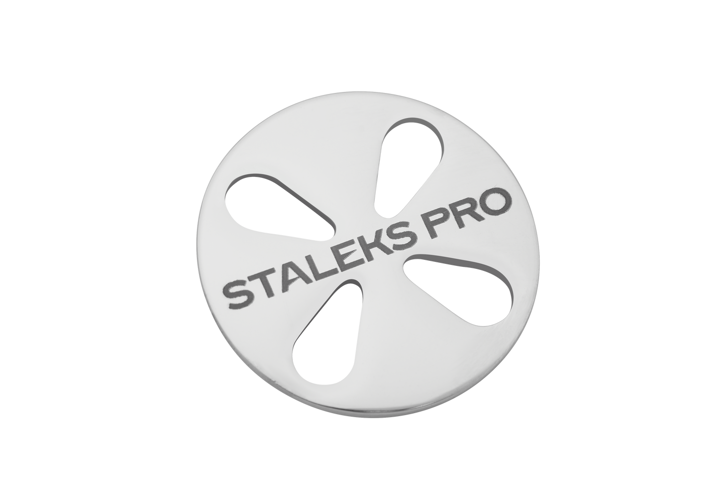 A round, silver-colored STALEKS PRO Pedicure Disc PODODISC by Staleks, featuring five teardrop-shaped cutouts and "STALEKS PRO" engraved on the stainless steel surface. Includes a set of 5 disposable files. Black background.