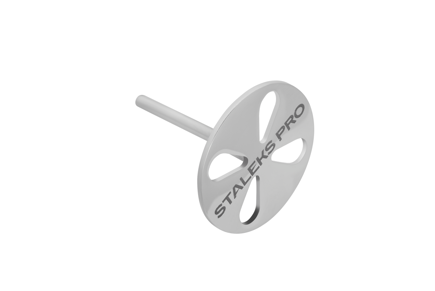 The STALEKS PRO Pedicure Disc PODODISC by Staleks is a silver, stainless steel round disc with "STALEKS PRO" engraved and four elongated holes, attached to a slim shaft. Shown with a set of 5 disposable files against a black background.