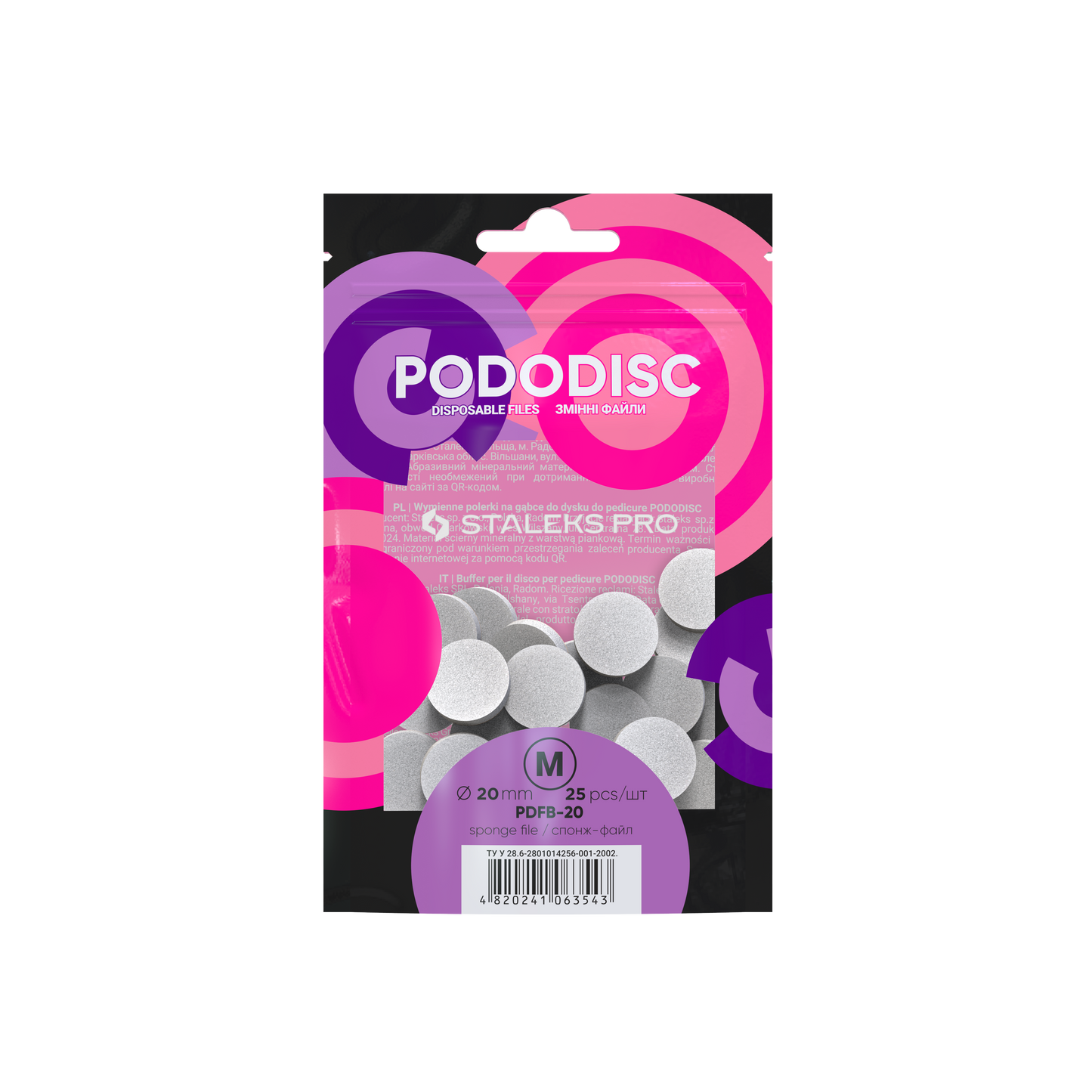 A pack of 25 Staleks STALEKS PRO Disposable Files-Sponges for Pedicure Disc PODODISC M EXPERT 20 mm ensures effective foot polishing. The packaging displays purple and pink circular patterns.