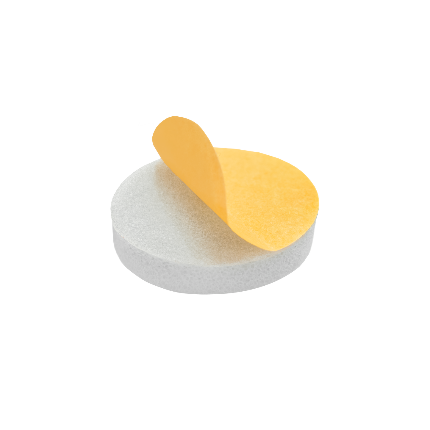 The Staleks PRO Disposable Files-Sponges for Pedicure Disc PODODISC L EXPERT 25 (25 pcs) feature a round white foam pad with a yellow peel-off backing, revealing an adhesive side for easy, effective foot smoothing.
