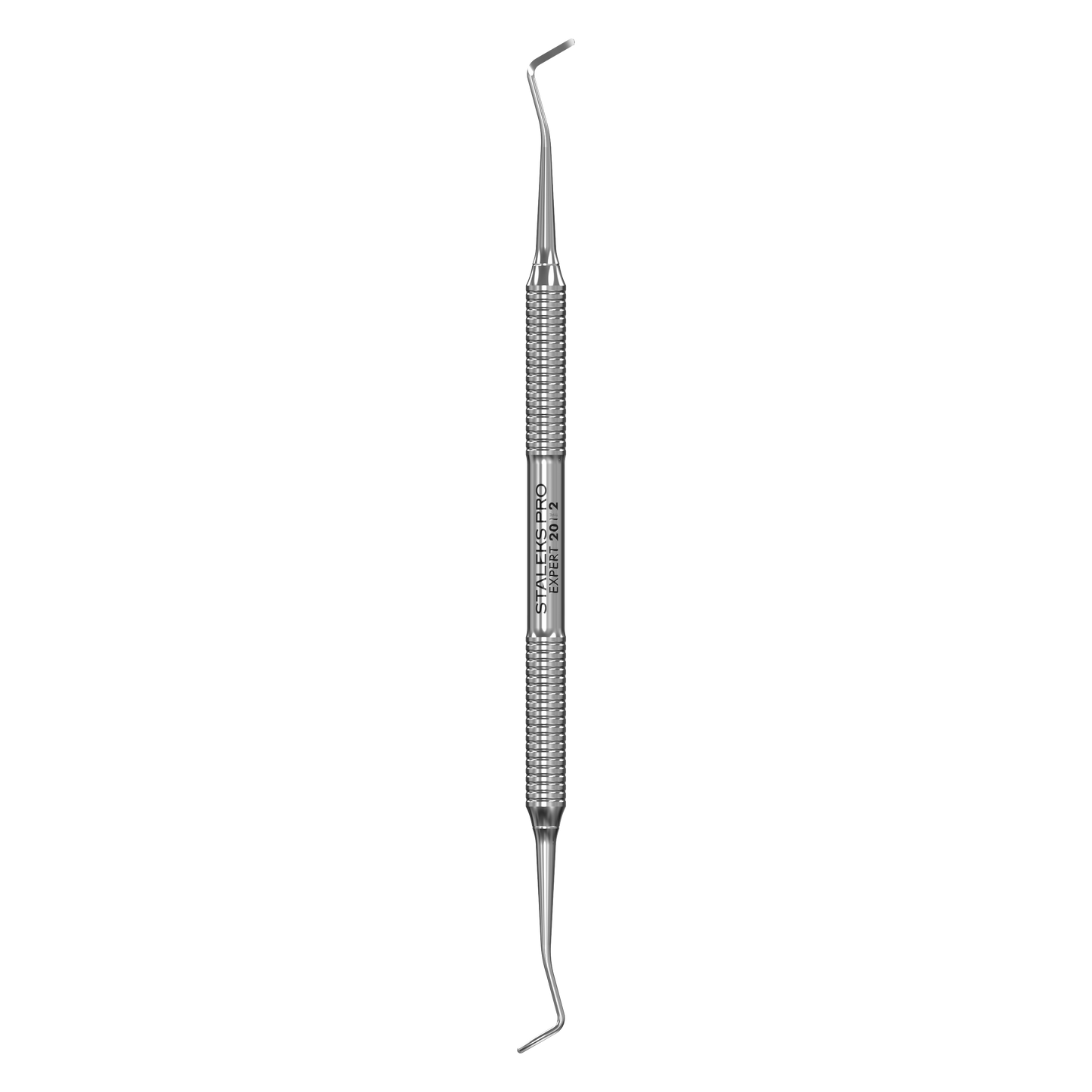The STALEKS PRO Pedicure Curette EXPERT 20 TYPE 2 by Staleks is a double-ended stainless steel instrument with angled tips, ideal for precise examination and manipulation during dental procedures.