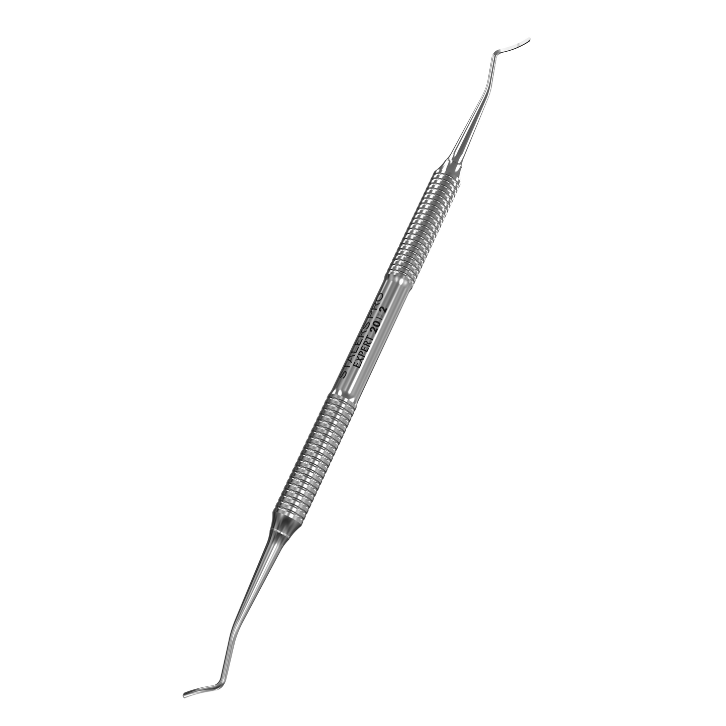 The STALEKS PRO Pedicure Curette EXPERT 20 TYPE 2 by Staleks is a double-ended stainless steel tool with angled, pointed ends and a textured grip, designed for examining and cleaning nails or skin.