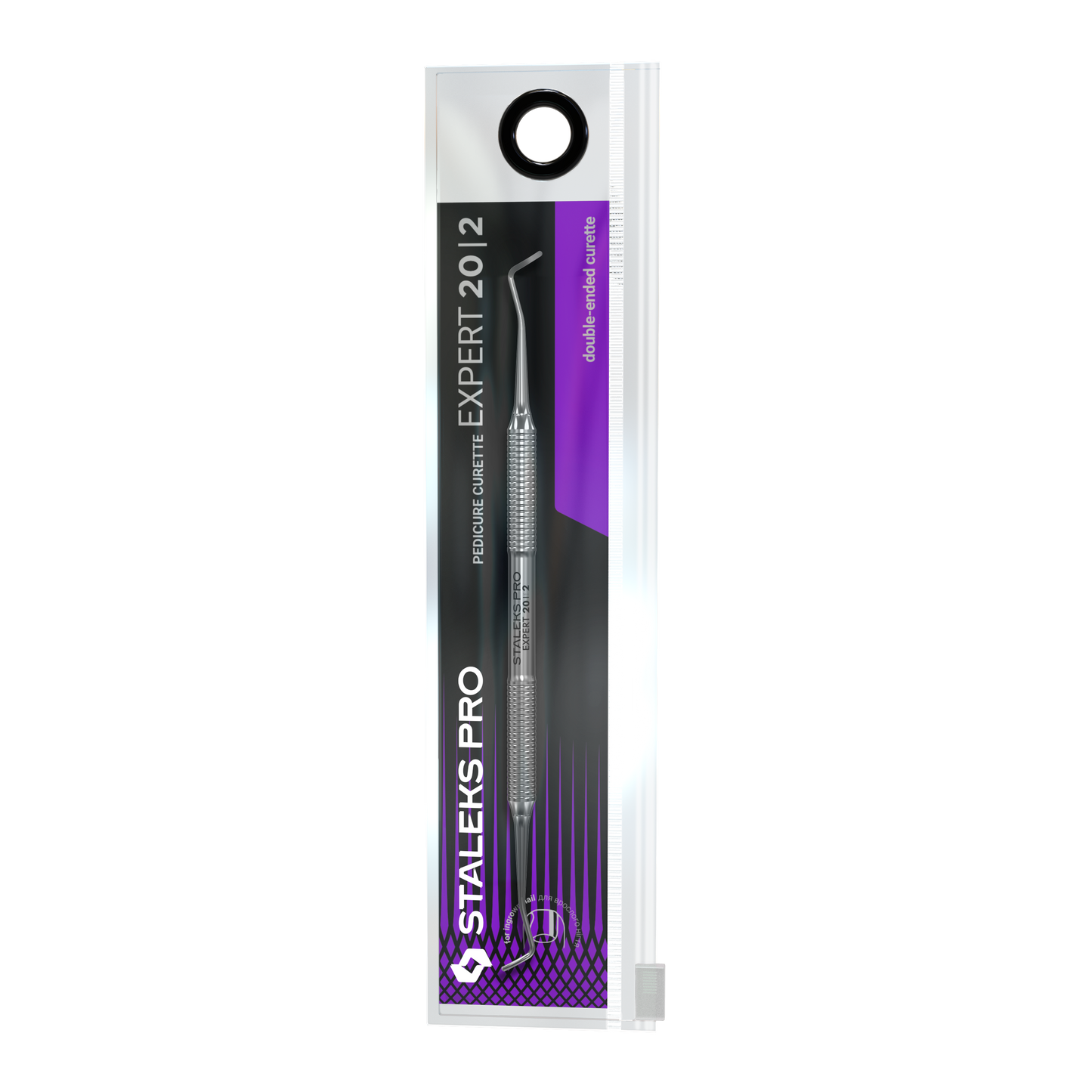 A STALEKS PRO Pedicure Curette EXPERT 20 TYPE 2 (Double-Ended Curette) by Staleks is visible in a clear, rectangular, resealable plastic package with black, white, and purple accents. Ideal for ingrown nail care.