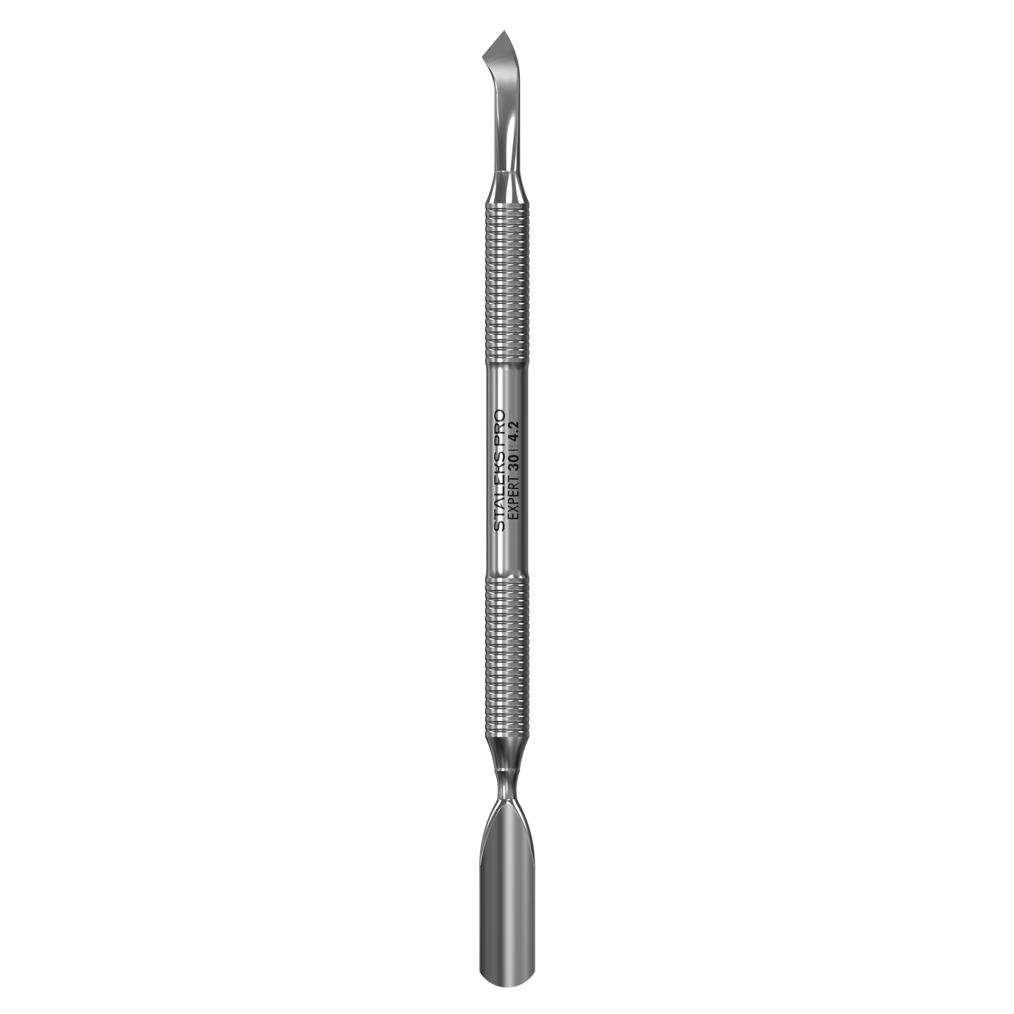 The Staleks STALEKS PRO Manicure Pusher EXPERT 30 TYPE 4.2 features a rounded wide pusher at one end and a bent blade at the other for precise cuticle care, shown against a black background.