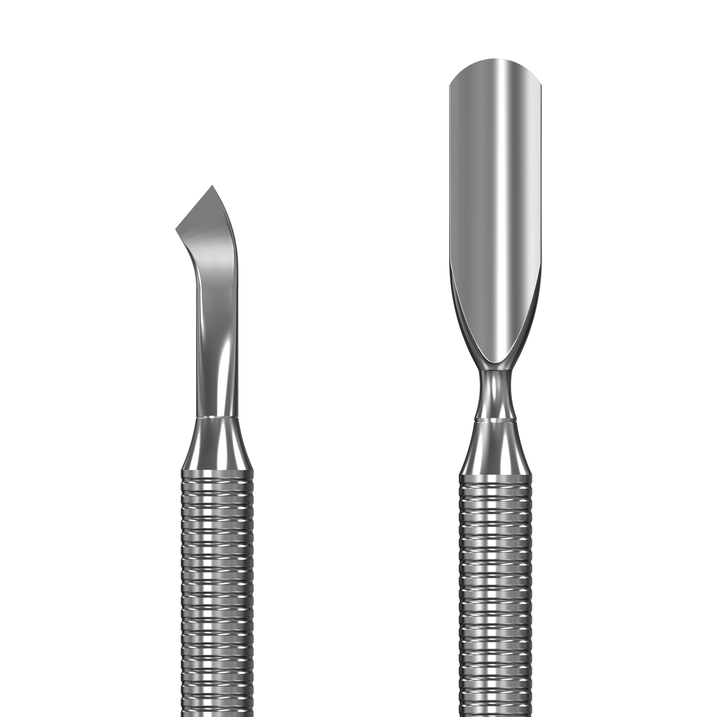 The STALEKS PRO Manicure Pusher EXPERT 30 TYPE 4.2 by Staleks features a rounded wide pusher for cuticle removal and a bent blade for precision, both with textured handles for grip, shown on a plain background.