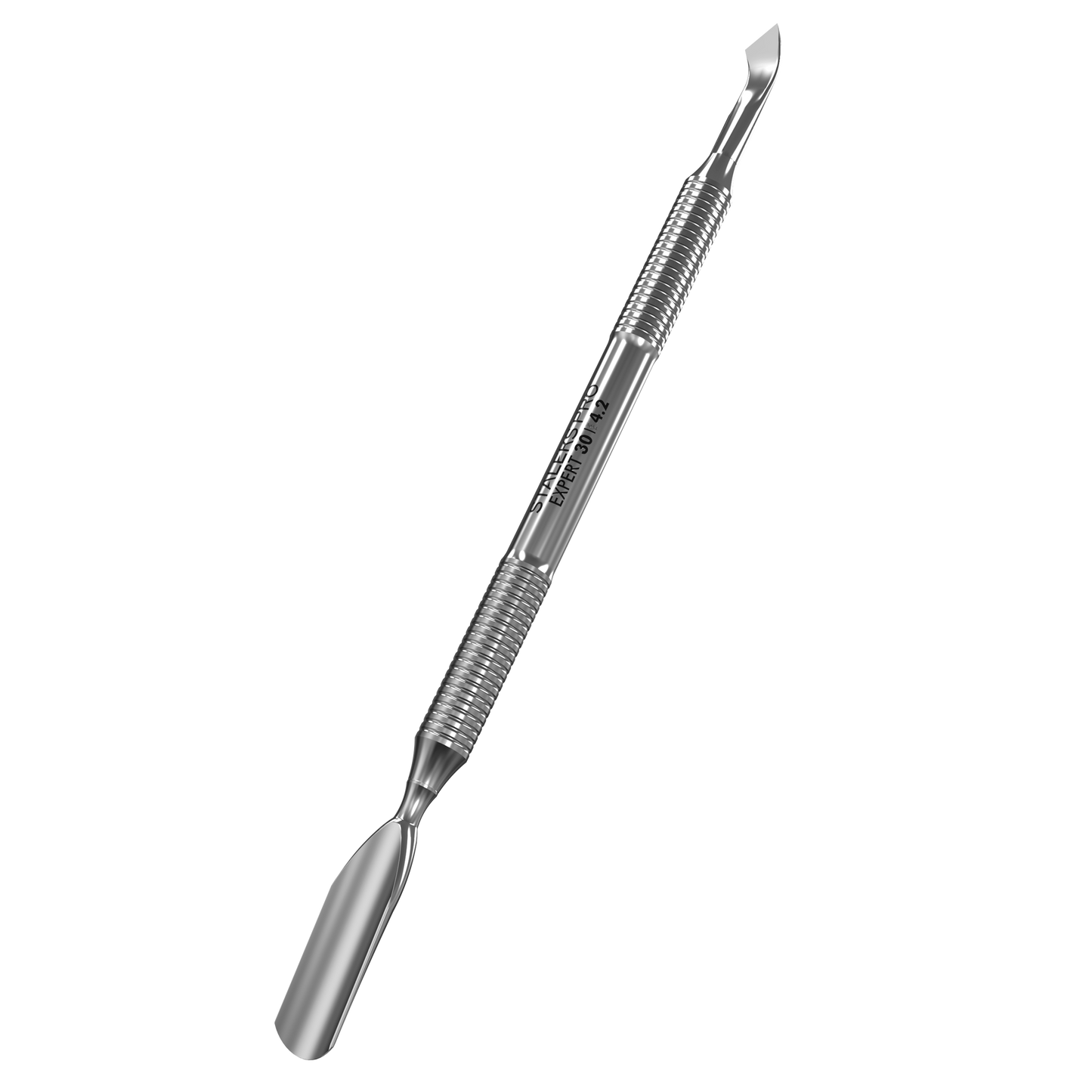 The STALEKS PRO Manicure Pusher EXPERT 30 TYPE 4.2 by Staleks features a rounded wide pusher and bent blade, ideal for cuticle removal, nail care, and cuticle maintenance. Made of stainless steel for professional results.