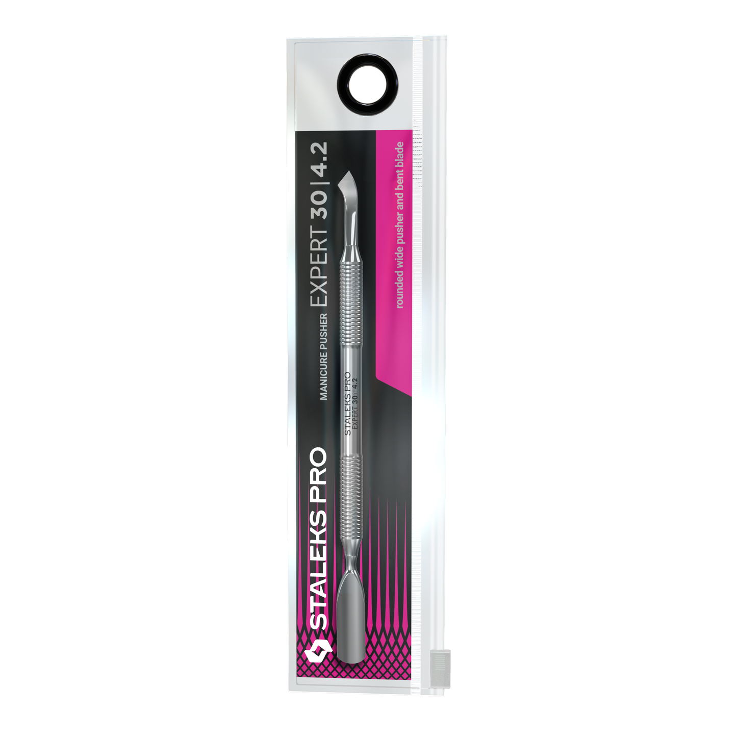 A packaged Staleks PRO Manicure Pusher EXPERT 30 TYPE 4.2 (Rounded Wide Pusher and Bent Blade) is displayed vertically in a clear plastic sleeve with black, magenta, and silver labeling.