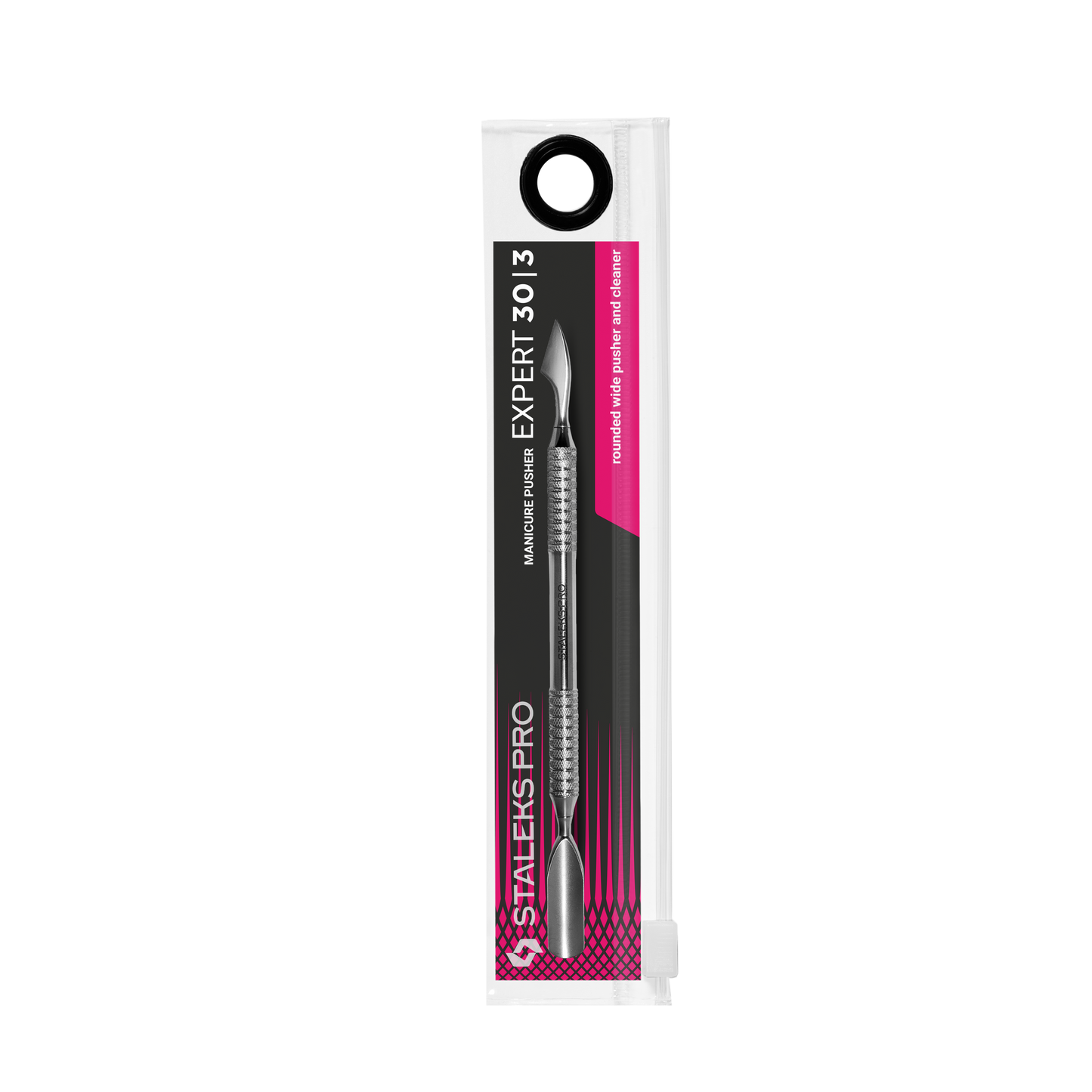 A packaged Staleks Expert 30 Type 3 manicure pusher with rounded wide pusher and cleaner visible through a clear plastic box with AISI 420 stainless steel hang tag at the top.