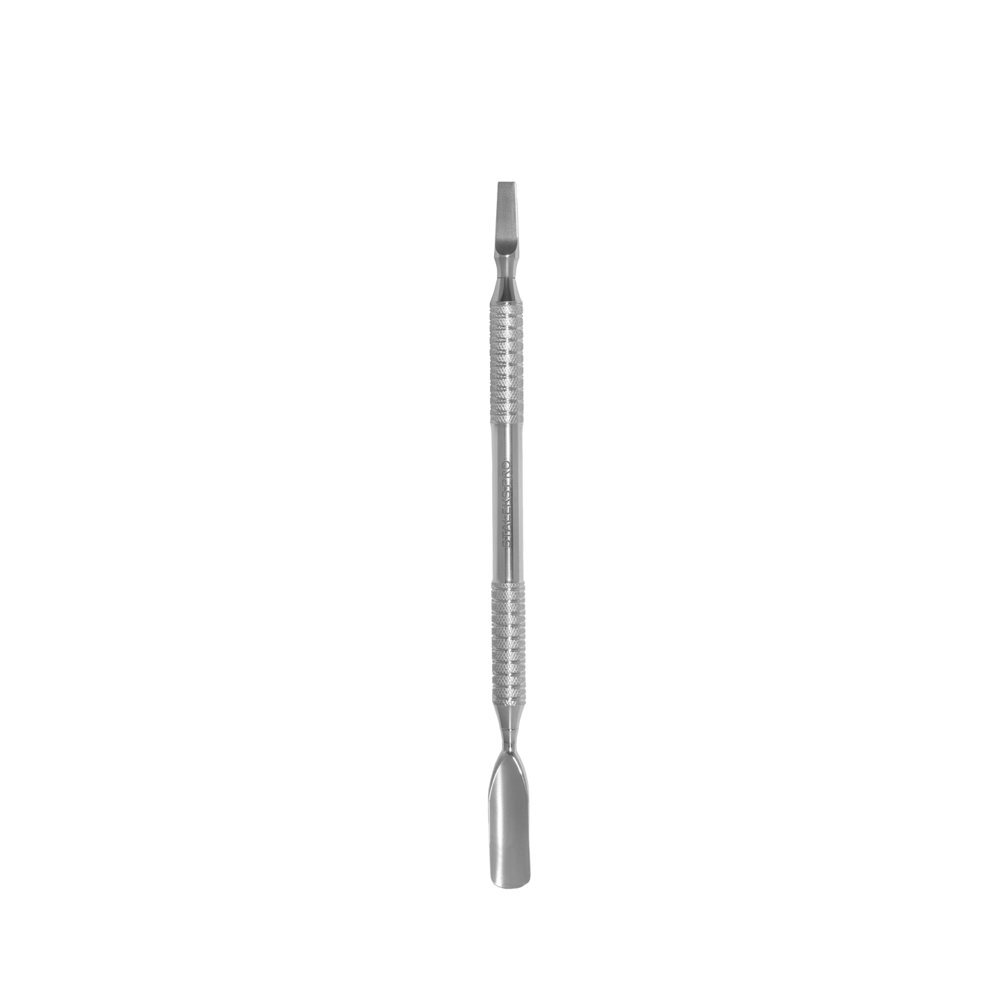 A Staleks stainless steel cuticle pusher isolated on a white background, showing detailed design suitable for manicure and pedicure use.