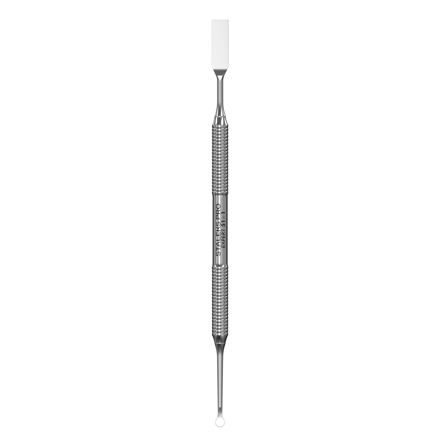 The STALEKS PRO Manicure Pusher EXPERT 51 TYPE 1 by Staleks features a double-ended metal design with a straight flat tip and a loop pusher, shown against a black background.