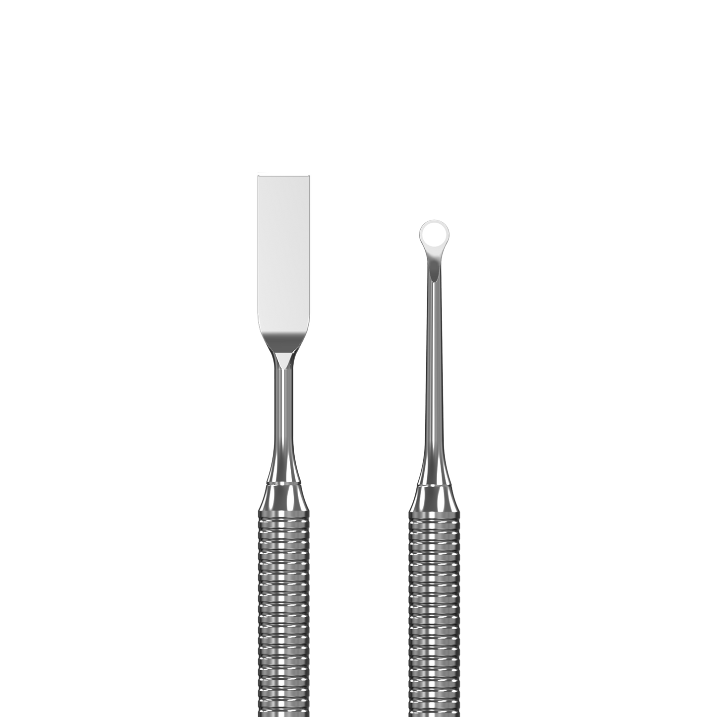The STALEKS PRO Manicure Pusher EXPERT 51 TYPE 1 by Staleks features a straight flat end and a loop pusher, both with textured handles, displayed vertically against a black background.