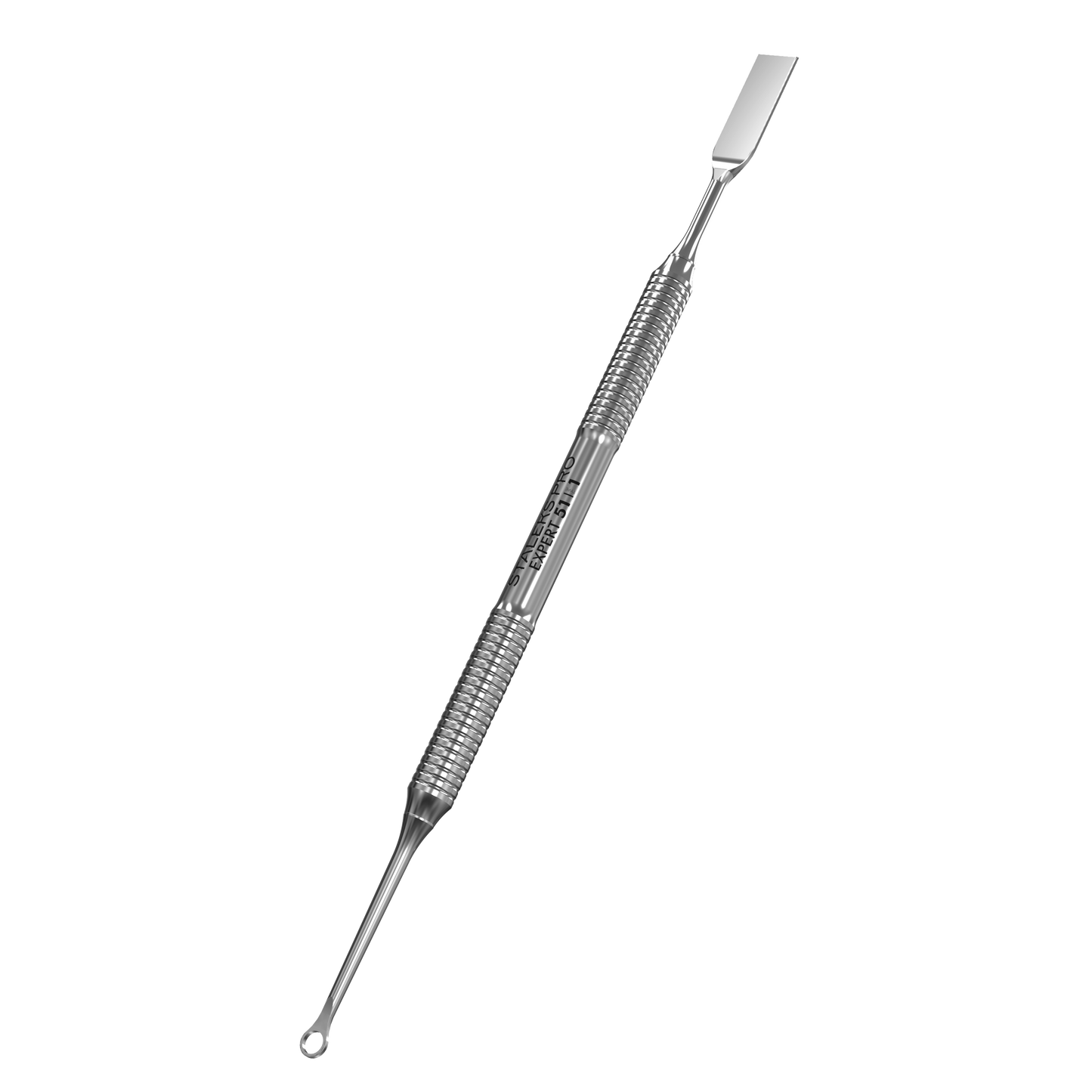 The STALEKS PRO Manicure Pusher EXPERT 51 TYPE 1 by Staleks features a straight flat end and a loop pusher, making it ideal for precise skincare, blackhead removal, and effective cuticle care.