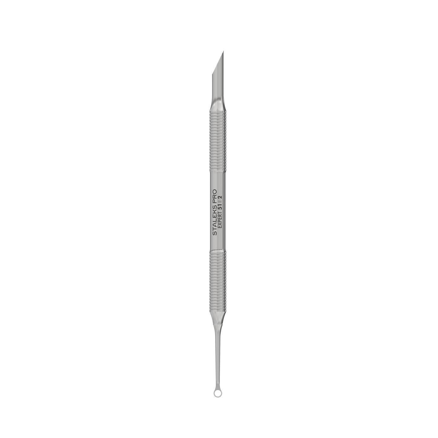 The STALEKS PRO Manicure Pusher EXPERT 51 TYPE 2 by Staleks is a double-ended stainless steel tool with a beveled pusher on one end and a loop extractor on the other, shown vertically against a black background.