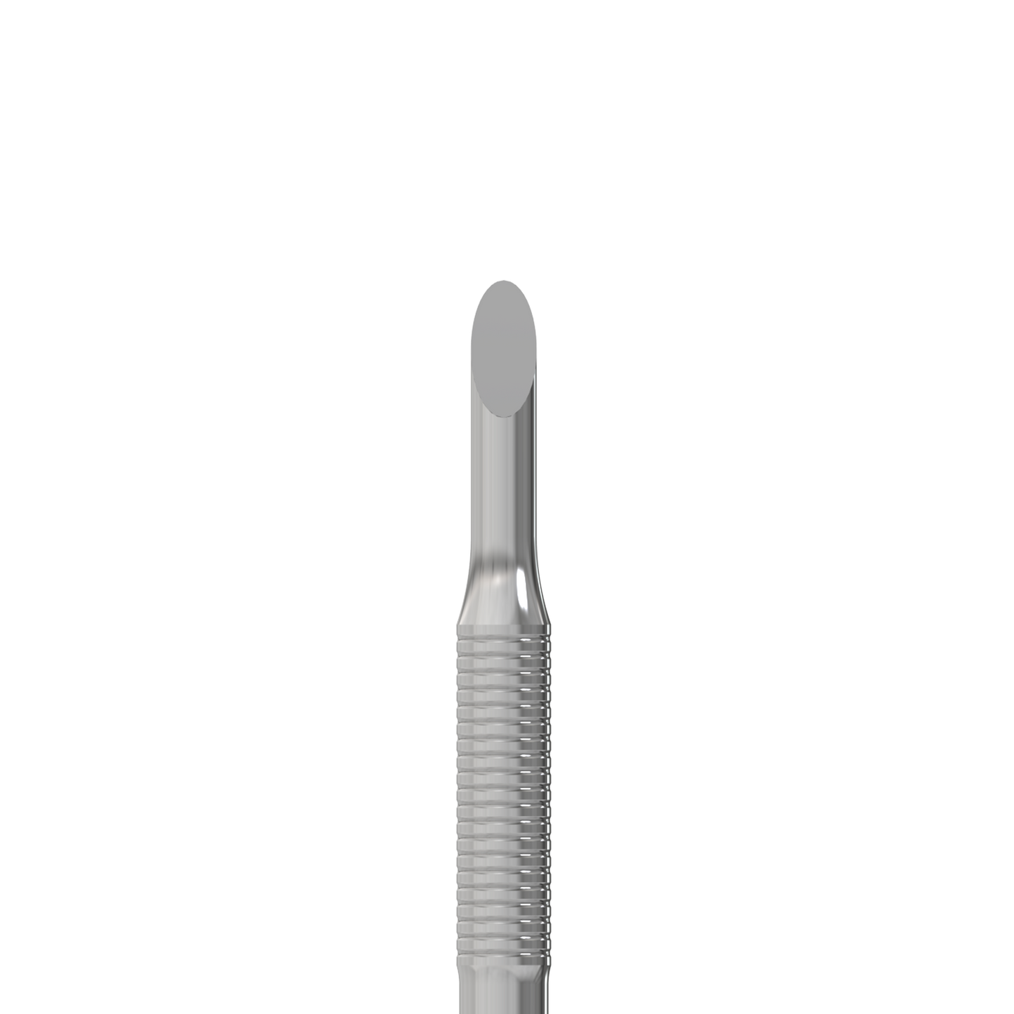 The STALEKS PRO Manicure Pusher EXPERT 51 TYPE 2 (Beveled and Loop Pusher) by Staleks is a stainless steel tool with a smooth, rounded tip and threading on the lower half, perfect for precise cuticle removal in manicure applications.