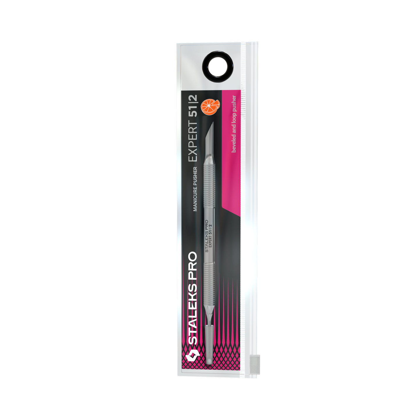The STALEKS PRO Manicure Pusher EXPERT 51 TYPE 2 (Beveled and Loop Pusher) by Staleks comes in a clear box with pink and black accents, featuring product branding—ideal for precise cuticle care.