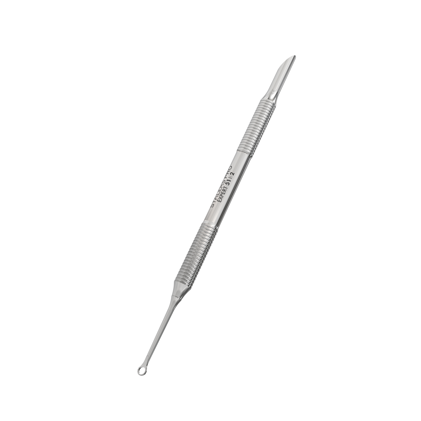 The STALEKS PRO Manicure Pusher EXPERT 51 TYPE 2 by Staleks is a stainless steel tool with a beveled pusher for cuticle removal on one end and a loop pusher on the other, shown against a black background.