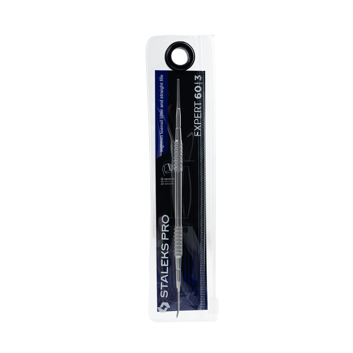 The STALEKS PRO Pedicure tool EXPERT 60 TYPE 3, including a straight nail file and a file with a bent end, is housed in transparent packaging with a black insert. The package proudly displays the Staleks brand and product information in elegant white lettering, making it ideal for precise pedicure activities.