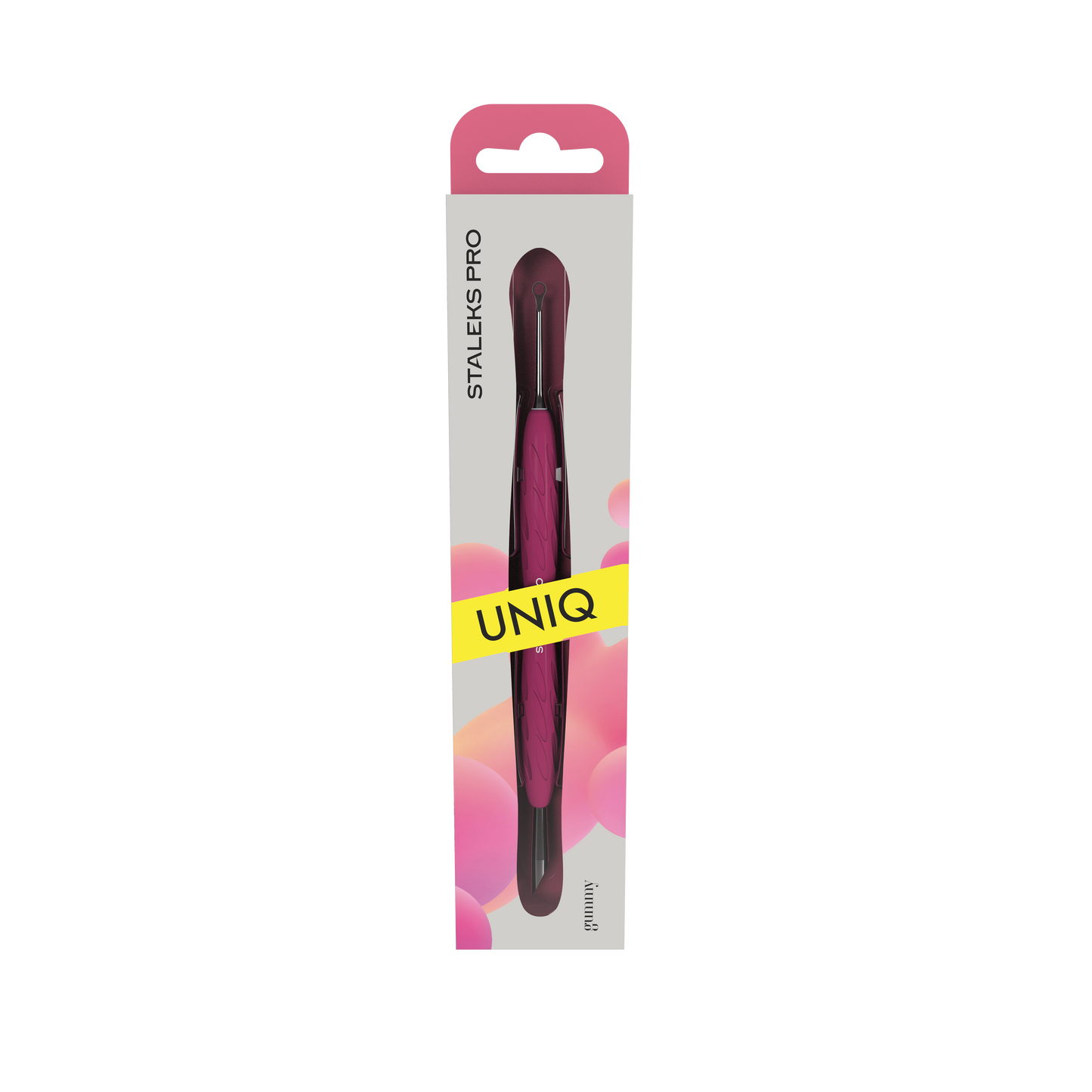 The "STALEKS PRO Gummy Manicure Pusher with Silicone Handle UNIQ 11 TYPE 2" is a pink and black tool featuring a slanted pusher and ring, encased in sleek packaging adorned with pink circular patterns. Ideal for manicure and pedicure tasks, it offers professional manual sharpening for precise use.